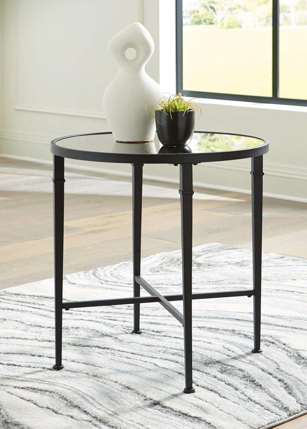 Black Round Metal and Glass Mirrored Accent Table