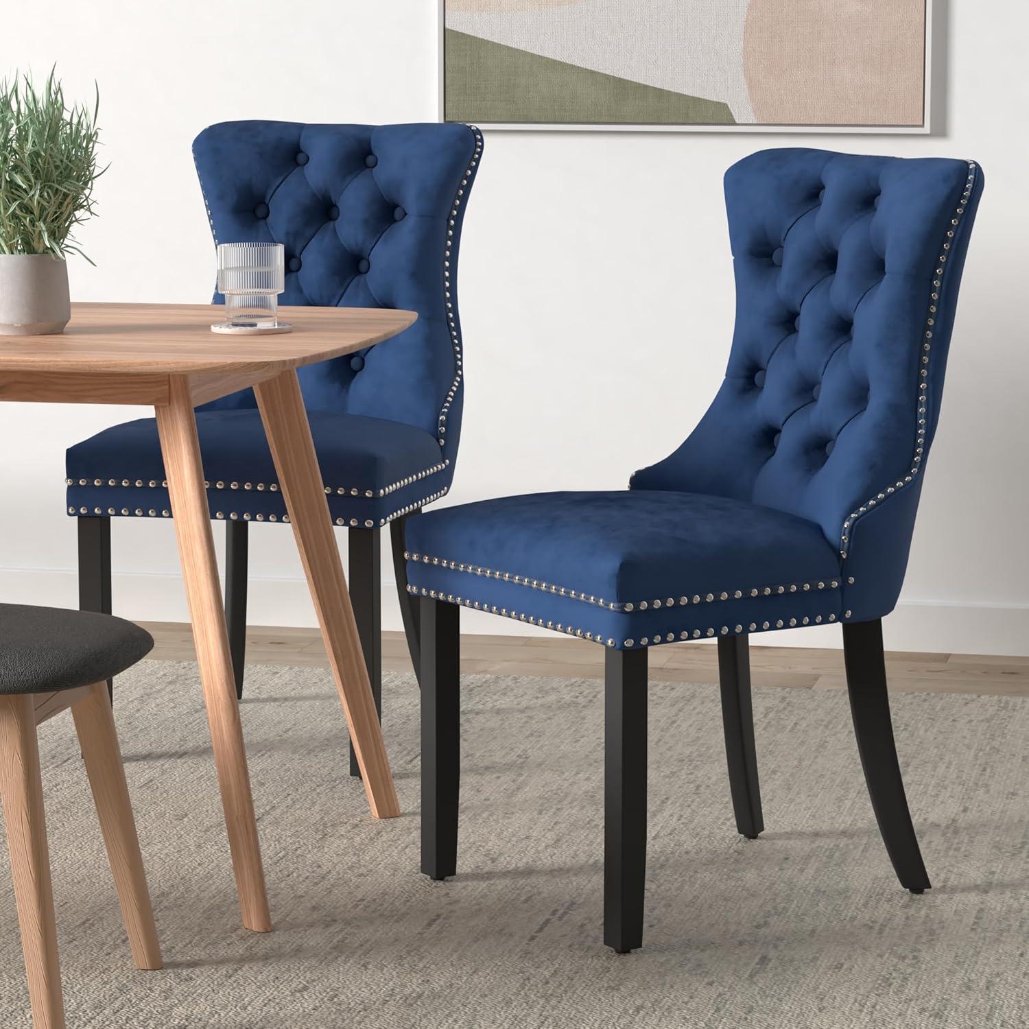 ODUSE-DAILY Velvet Dining Chairs Set of 4, Navy Kitchen & Dining Room Chairs, Tufted Dining Chairs, Fabric Upholstered, Solid Wood, Sillas De Comedor (Blue, 4 Pcs)