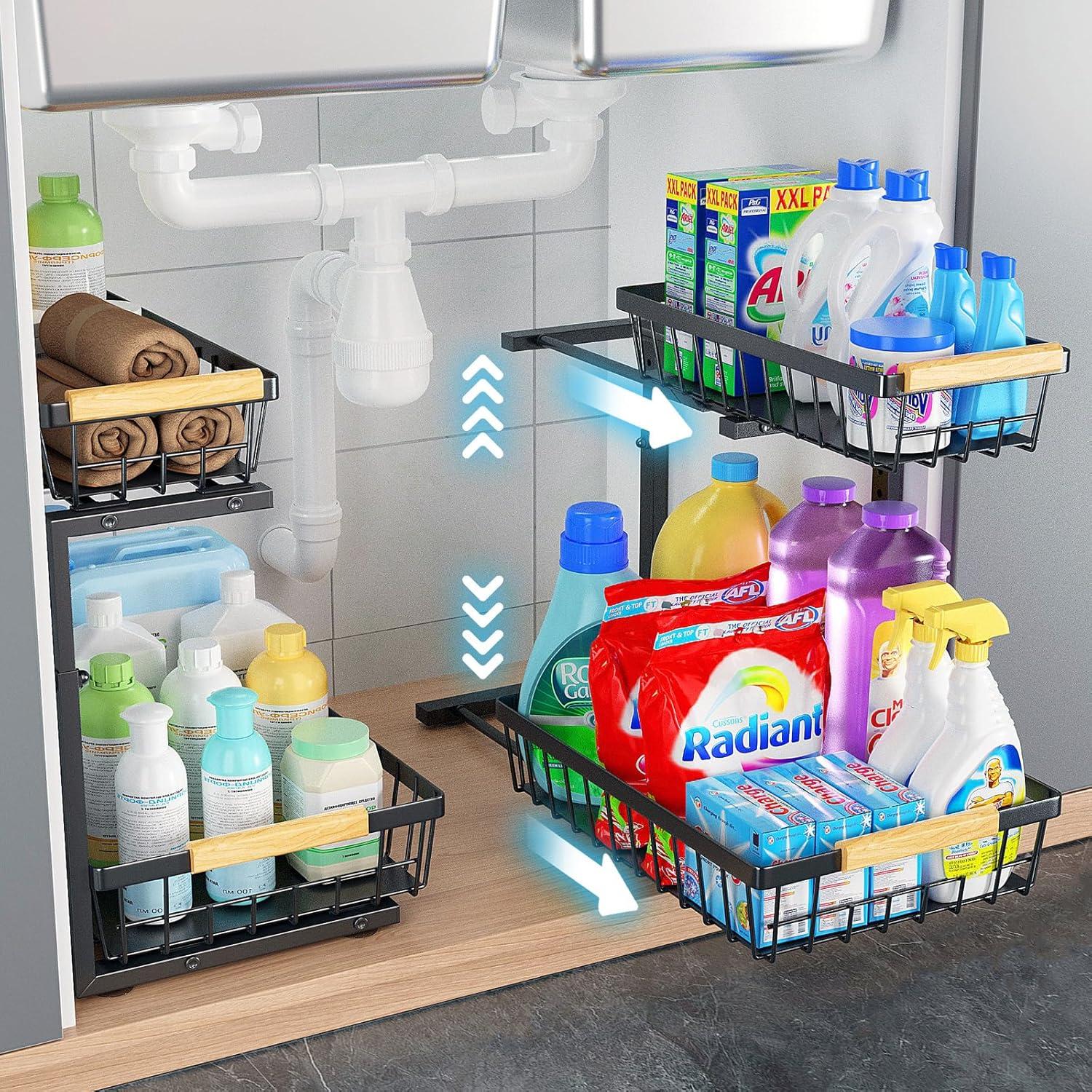 Rebrilliant Under Sink Organizer, 2 Tier Under Sink Organizers And Storage, Metal Slide Out Pull Out Cabinet Organizer ,2 Pack Sliding Drawer Organizer For Kitchen Bathroom Pantry