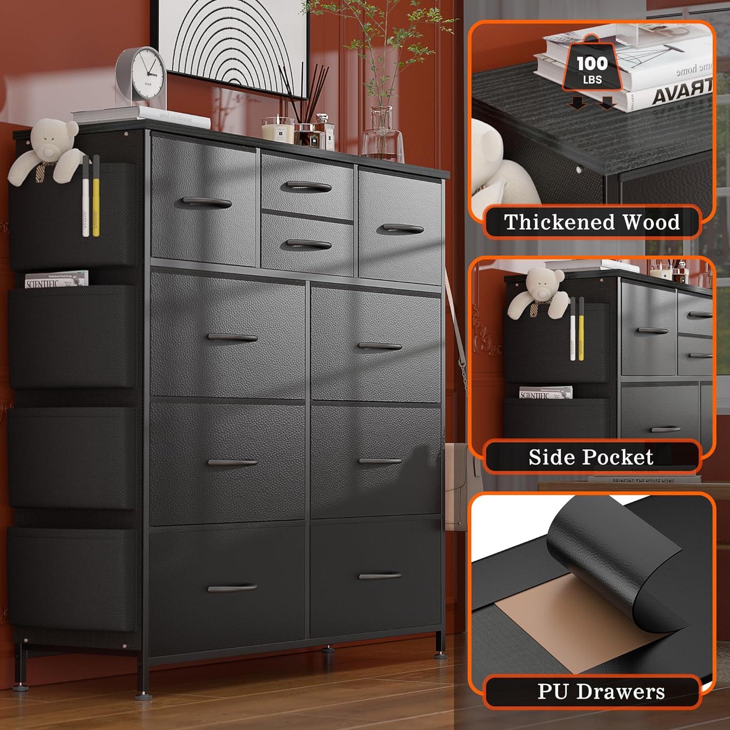 Modern 10-Drawer Fabric Storage Dresser - Tall Chest of Drawers with Steel Frame, Wooden Top, for Bedroom, Closet, Entryway, Black