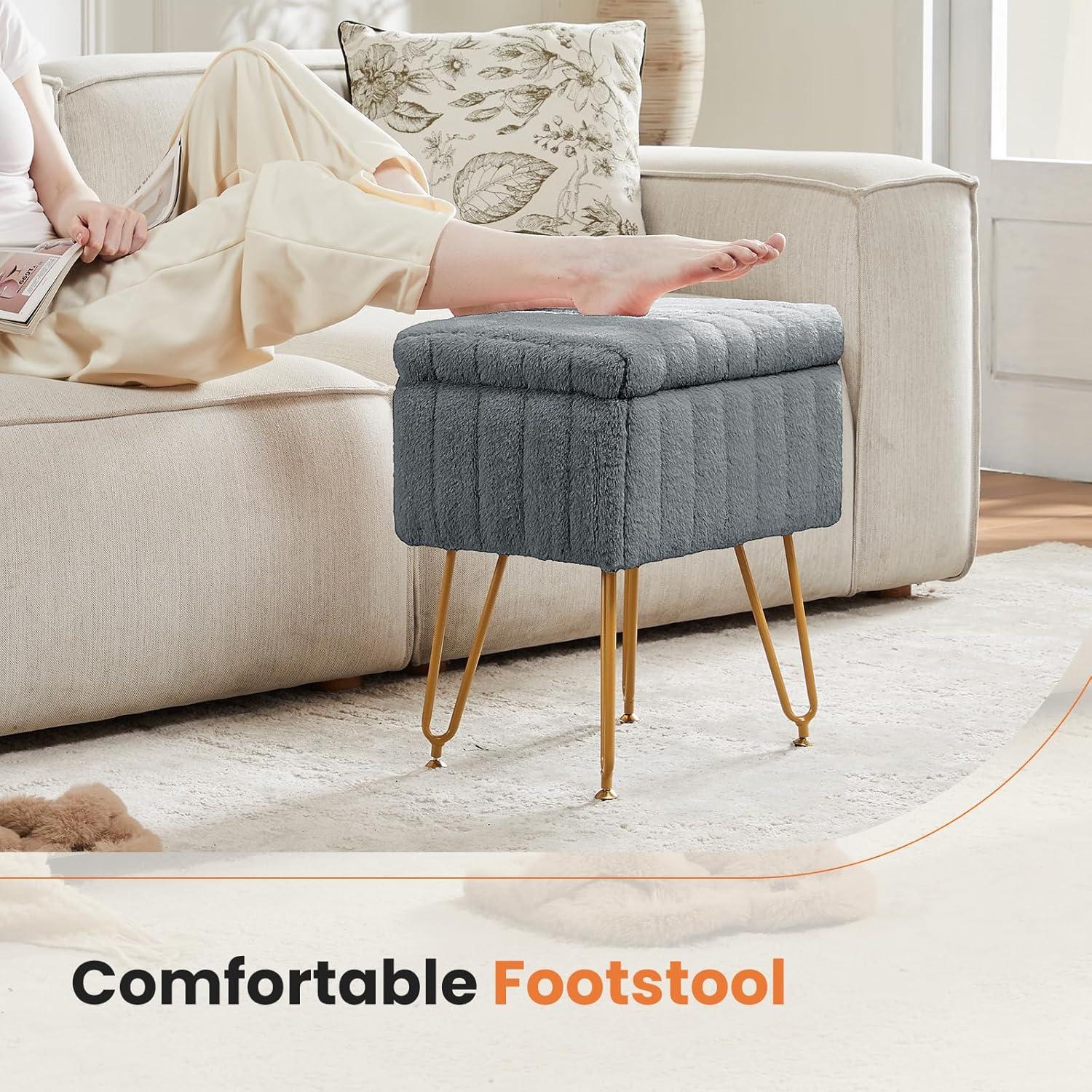 Vanity Stool Chair with Storage, Ottoman Faux Fur Soft Padded Makeup Footstools Seat with 4 Metal Legs