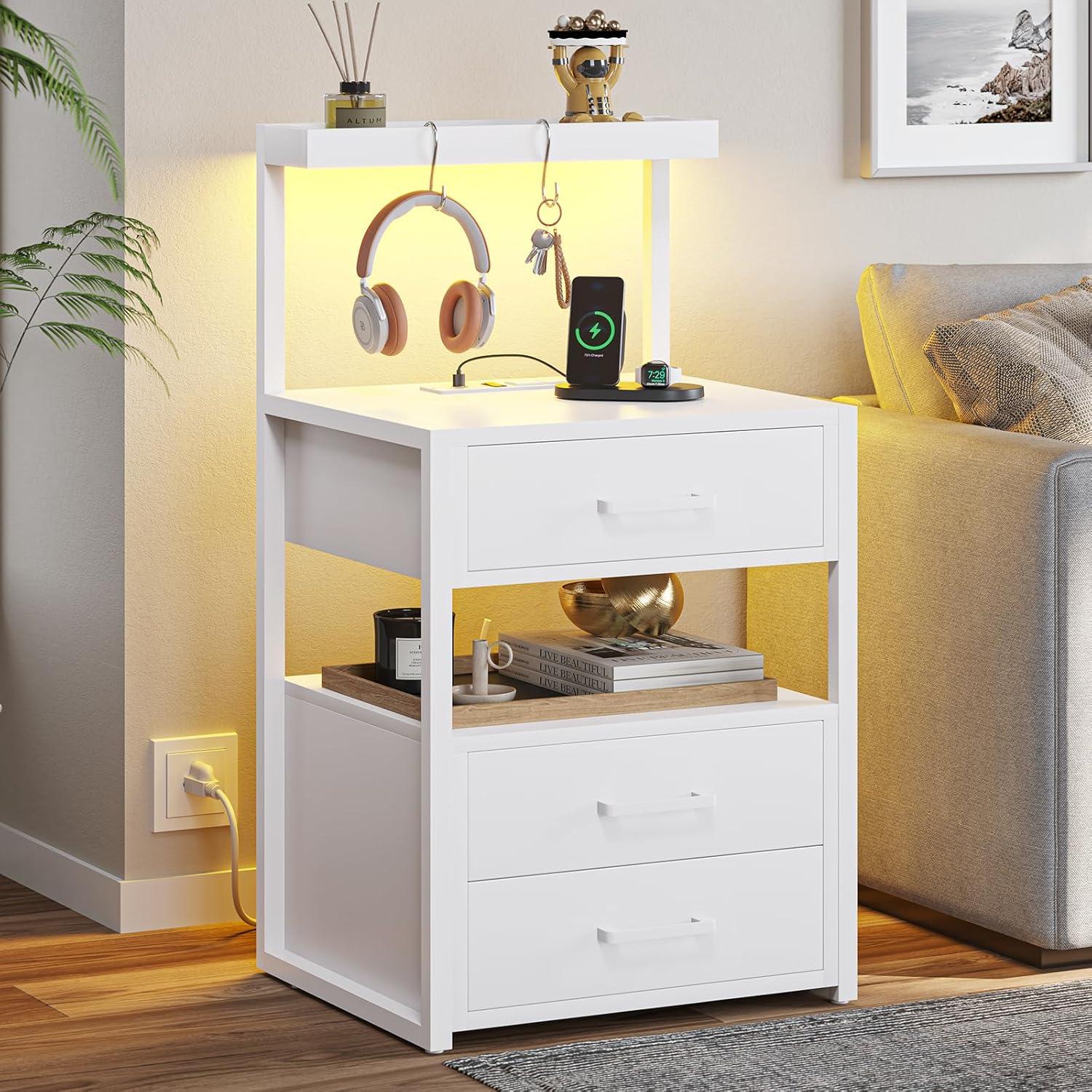 White Modern 3-Drawer Nightstand with LED Lights and Charging Station