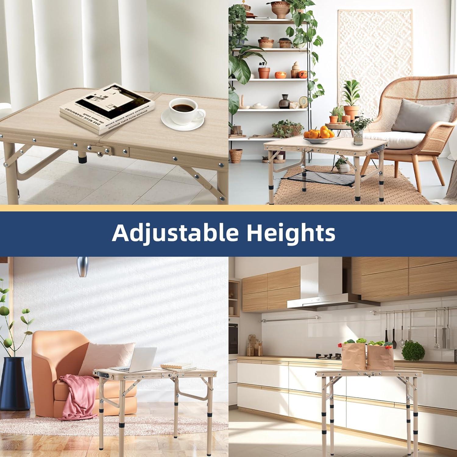 Small Folding Table 2FT Camping Table 3 Adjustable Height Lightweight Portable Aluminum Mini Foldable for Picnic Beach Indoor Outdoor, Yellow