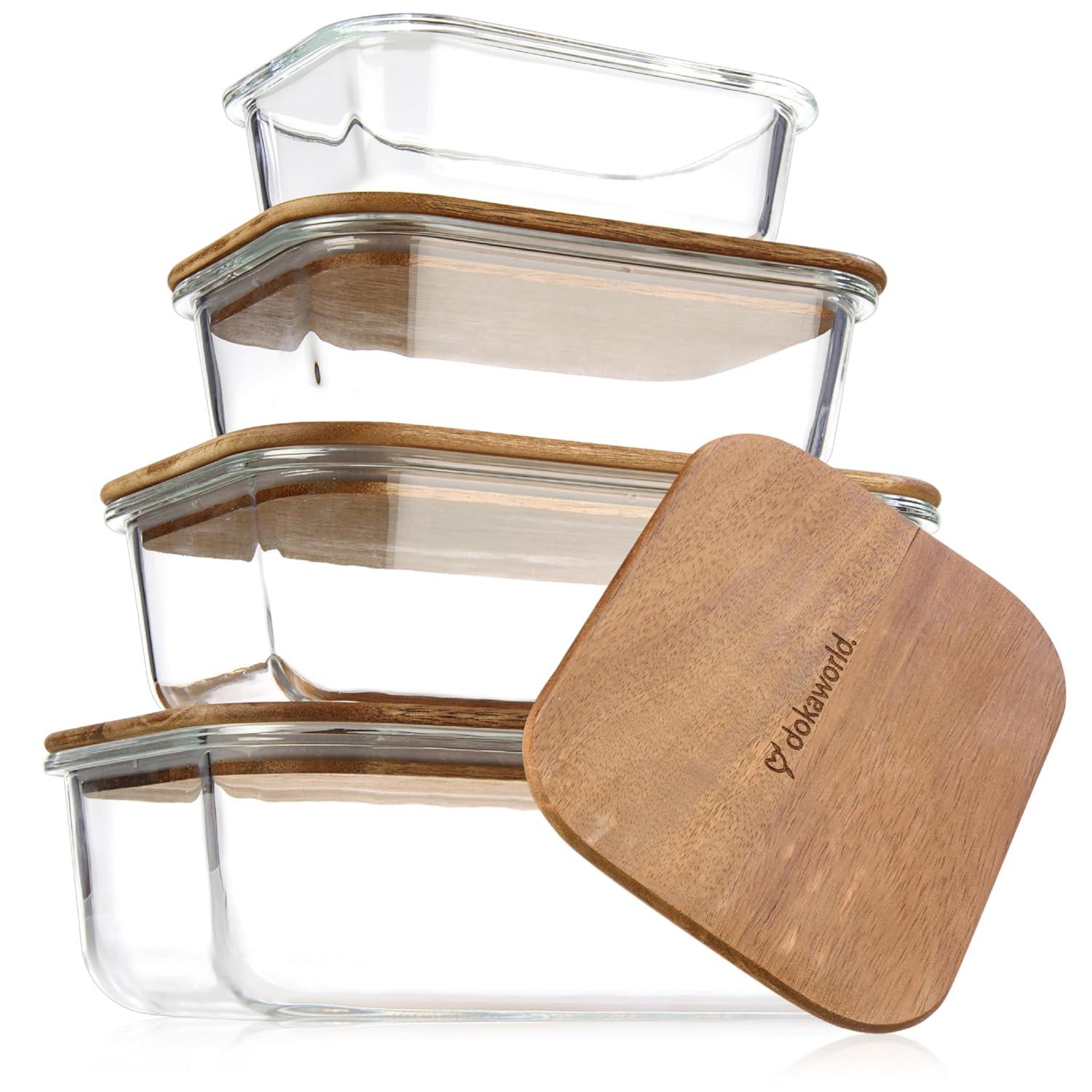 Amber Glass Meal Prep Containers with Acacia Lids, Set of 4