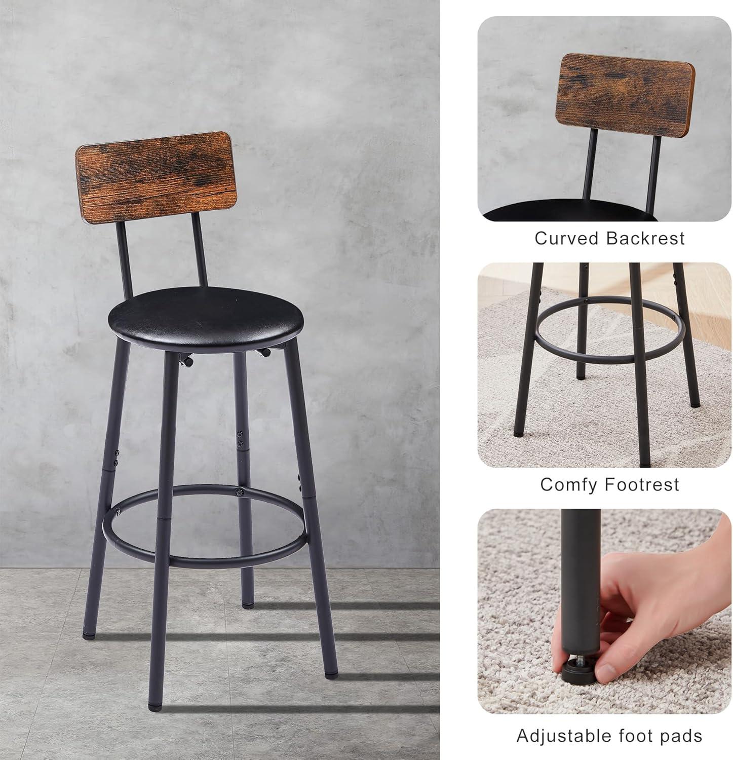 3 Pieces Bar Table Set, Counter High Pub Table Set with 2 Chairs, Wood Top Dining Table with 2 Backrest Stools, Saving Space Kitchen Table & Chair Set for Bistro Apartment, Brown