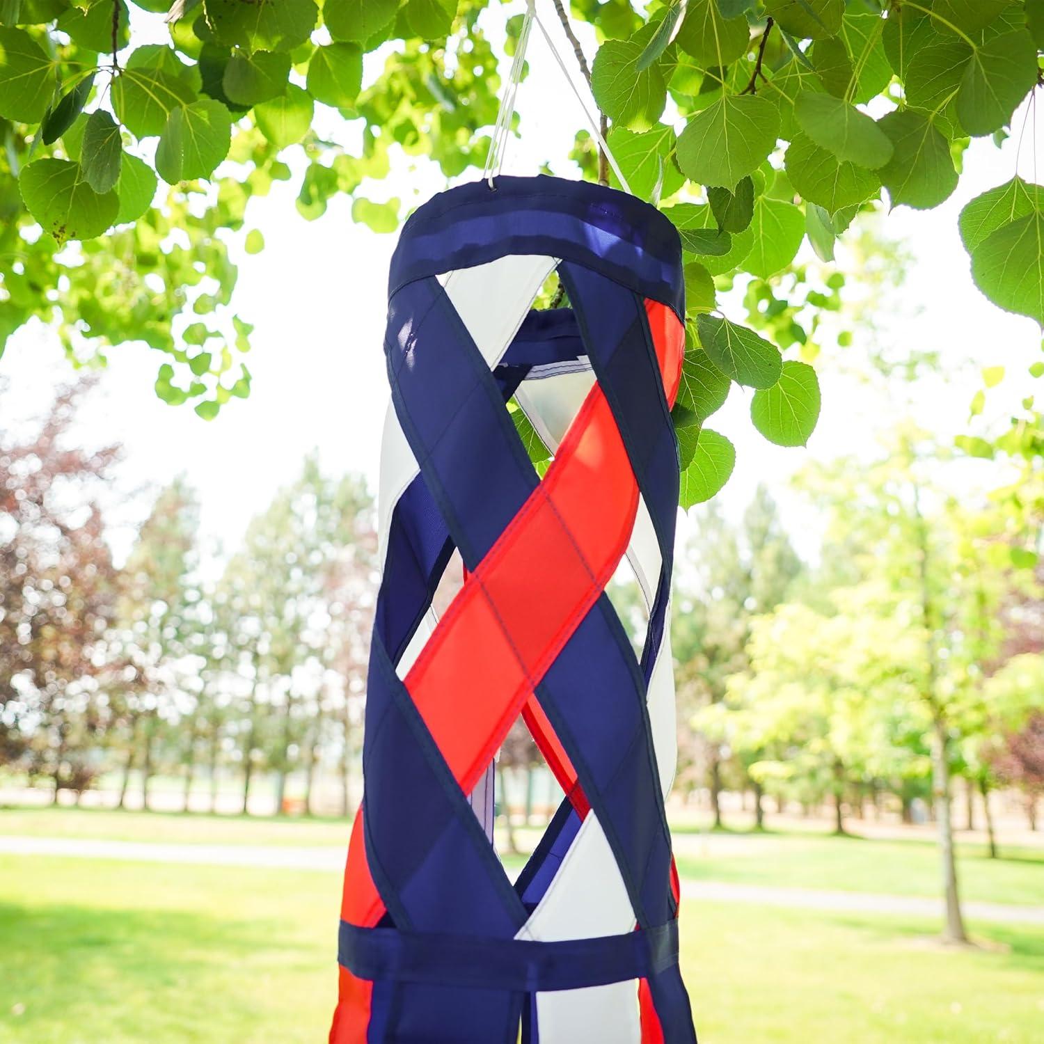 In the Breeze 5217 — Red, White & Blue Diagonal Weave 40" Windsock — Patriotic Lattice Windsock with Color-Coordinated Tails, Fourth of July Decoration