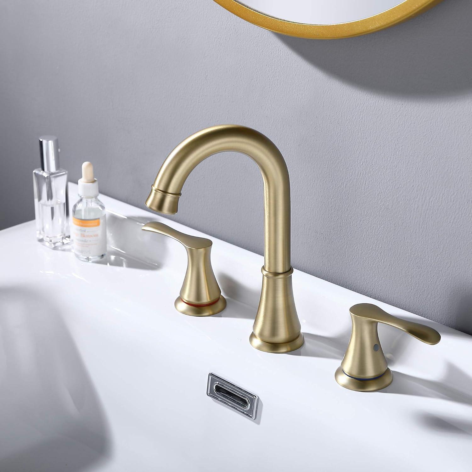 Adorer Bathroom Faucet for Sink 3 Hole with Pop-up Drain, 2 Handle 8 inch Brass Widespread Bathroom Sink Faucet, Brushed Gold Basin Faucet Taps Mixer