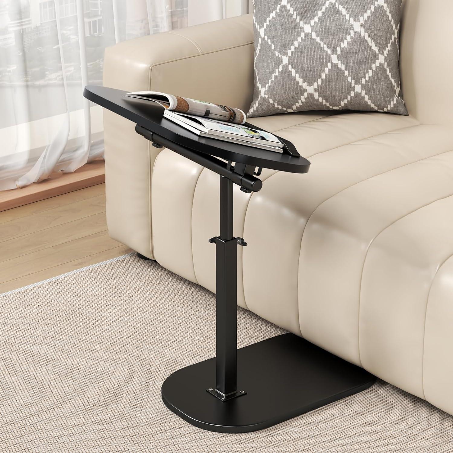 C Shaped Side Table Adjustable Height, 360°Swivel C Shaped End Table, Couch Side Tables That Slide Under, Small Coffee C Table End Table for Sofa/Bed/Bathtub, Rotating Elevate Tabletop (black)