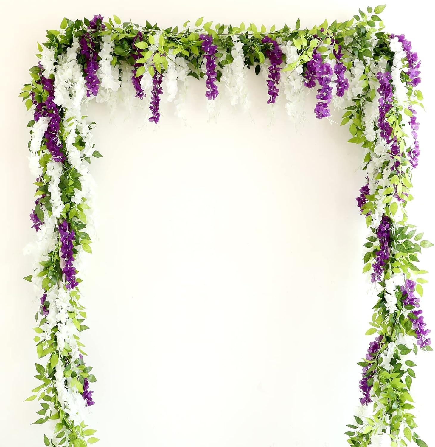 Sinhoon Wisteria Artificial Flowers Garland, 4 Pcs Total 28.8ft Artificial Wisteria Vine Silk Hanging Flower for Home Garden Outdoor Ceremony Wedding Arch Floral Decor (Light Purple)