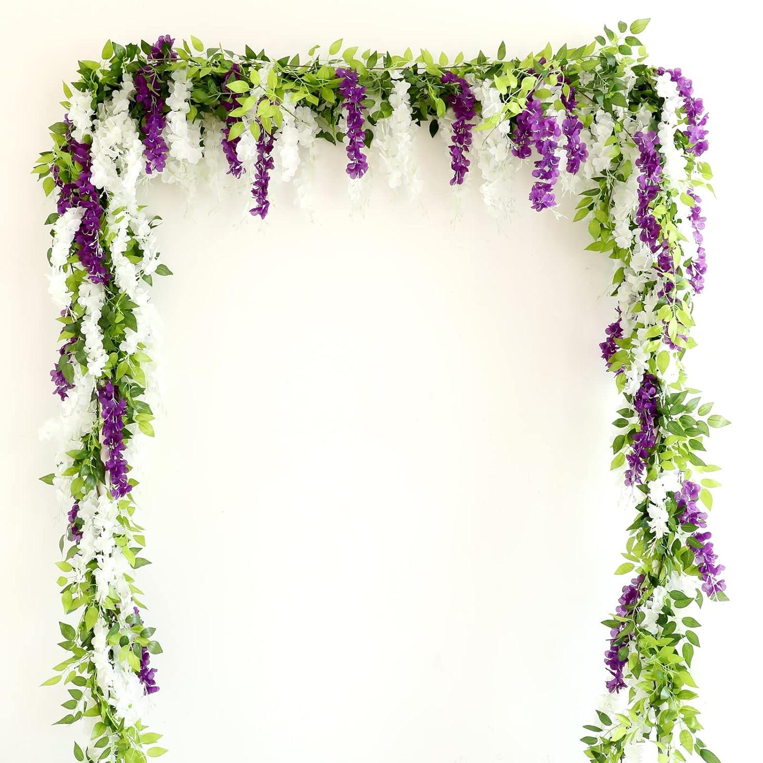 Sinhoon Wisteria Artificial Flowers Garland, 4 Pcs Total 28.8ft Artificial Wisteria Vine Silk Hanging Flower for Home Garden Outdoor Ceremony Wedding Arch Floral Decor (Light Purple)