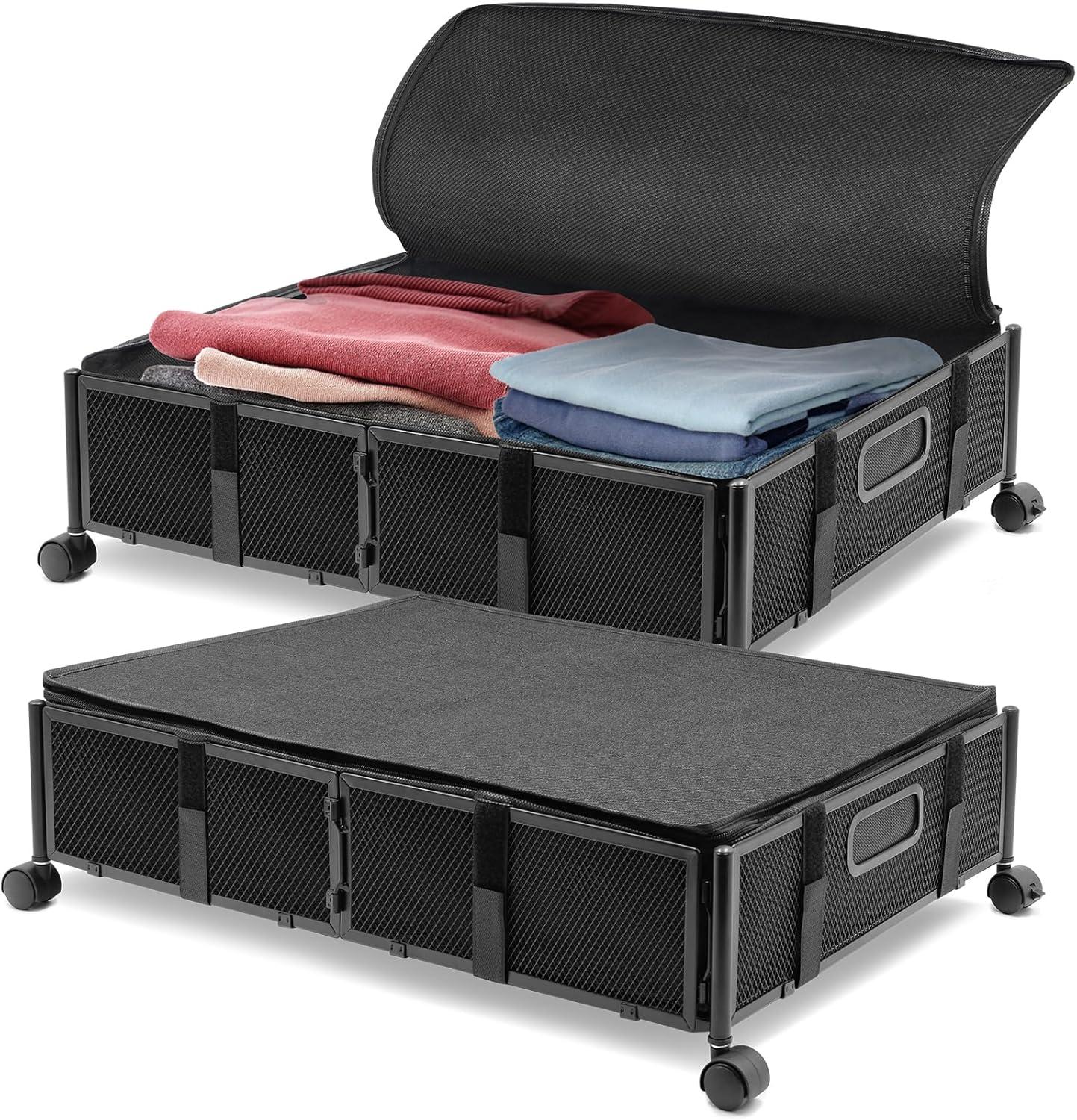 Black Metal Rolling Under Bed Storage Containers with Dust Lids