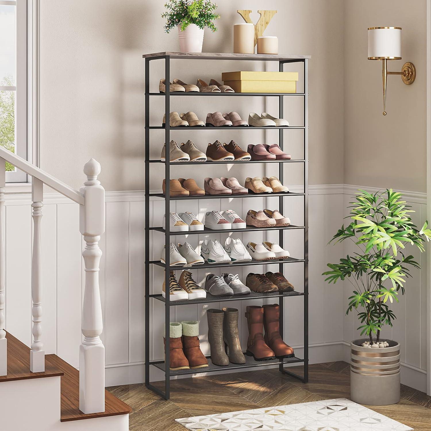 Greige and Black 10-Tier Industrial Shoe Rack with Metal Shelves