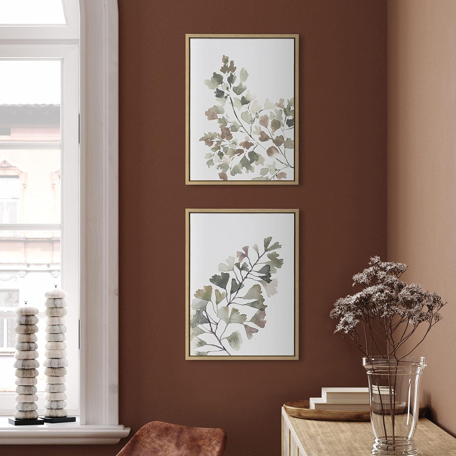 Kate and Laurel Sylvie Botanical Soft Splitfern and Botanical Soft Maiden Framed Canvas by Sara Berrenson, 2 Piece 18x24, Natural