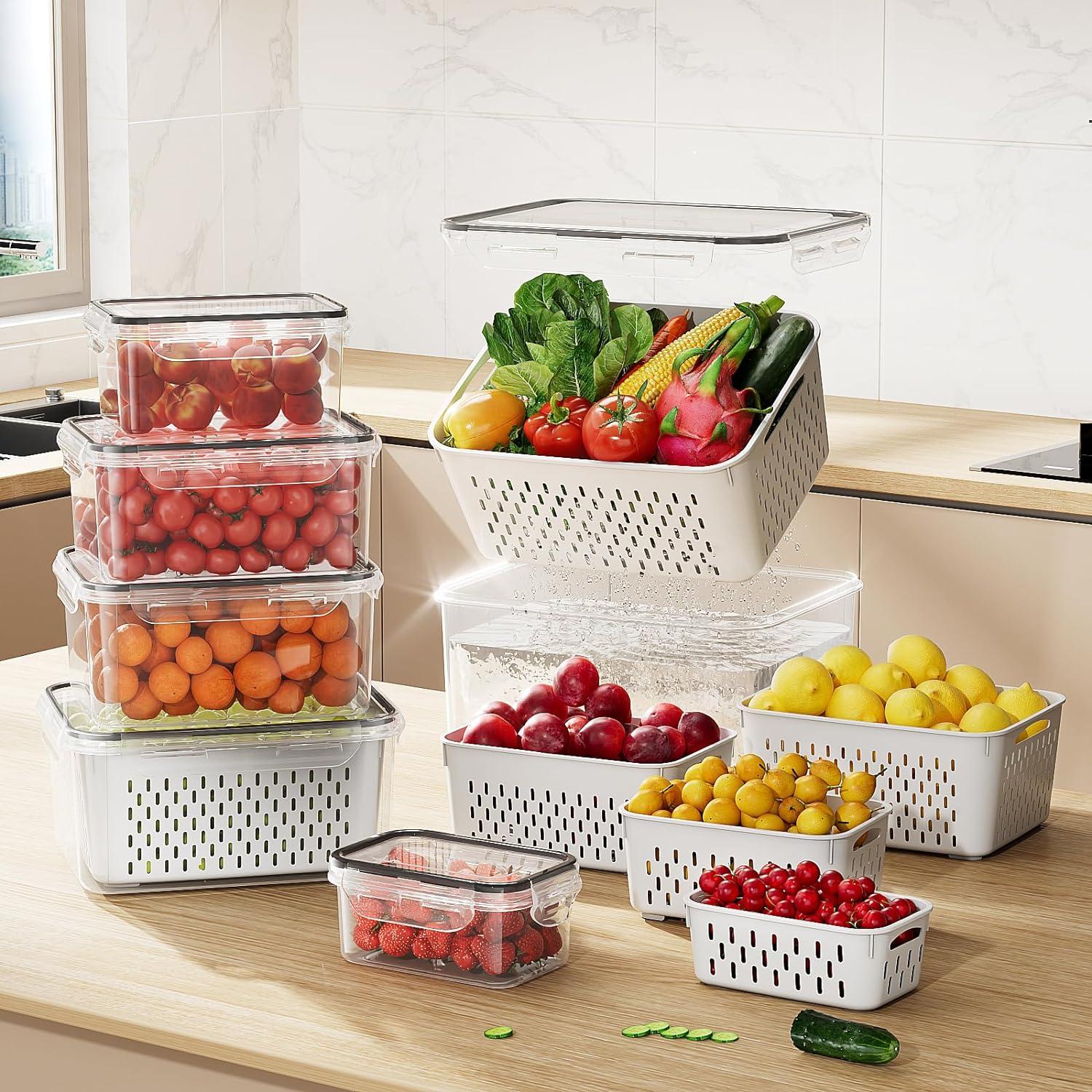 6 Pack Fruit Storage Containers for the Fridge with vent holes and handles， Airtight Food Storage Containers Keep Fruits, Vegetables, Berry, and Meat Fresh longer, BPA-free Fridge Storage Container