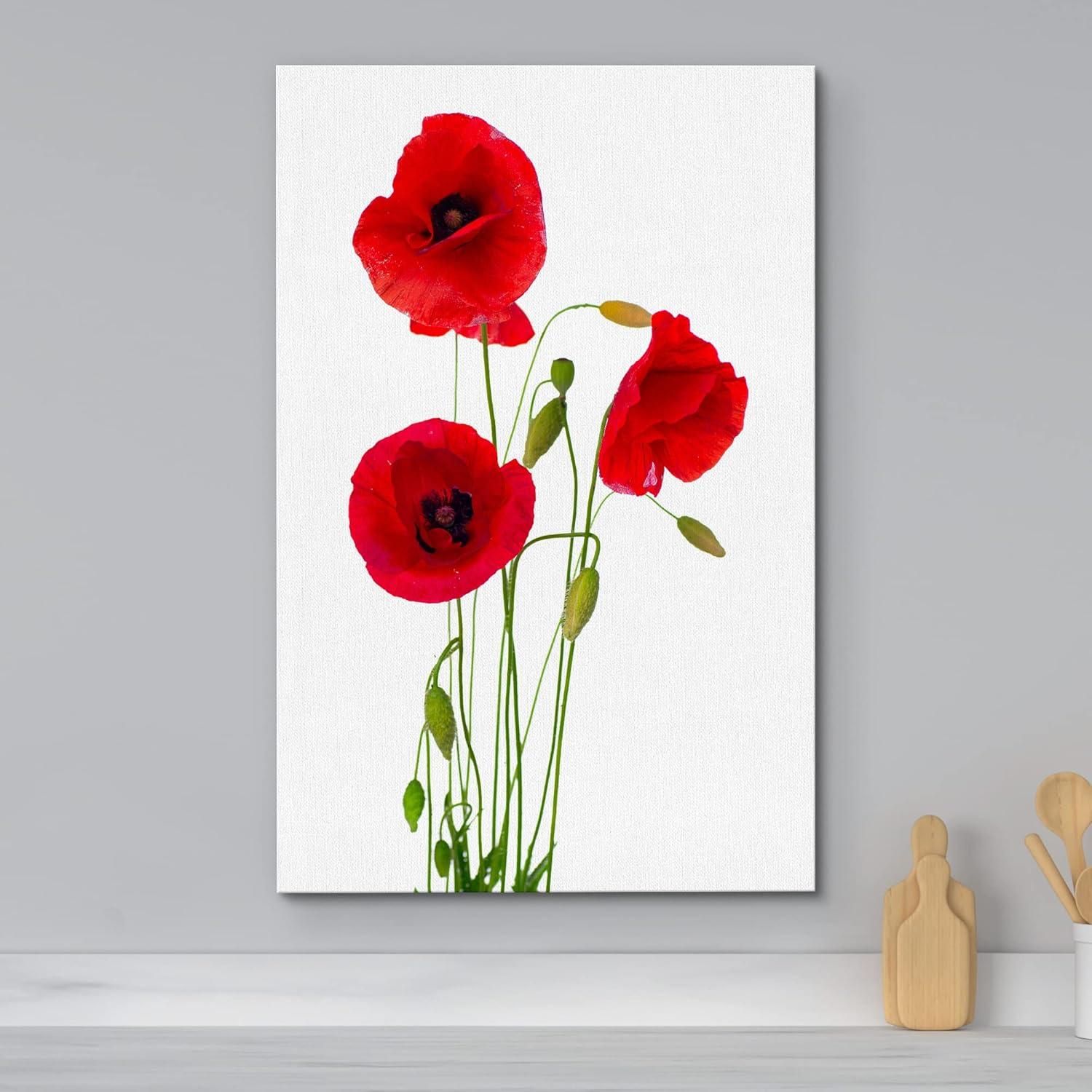 wall26 Canvas Print Wall Art Red Poppy Flowers on White Wood Panels Nature Wilderness Digital Art Realism Chic Colorful Multicolor Ultra for Living Room, Bedroom, Office - 12"x18"