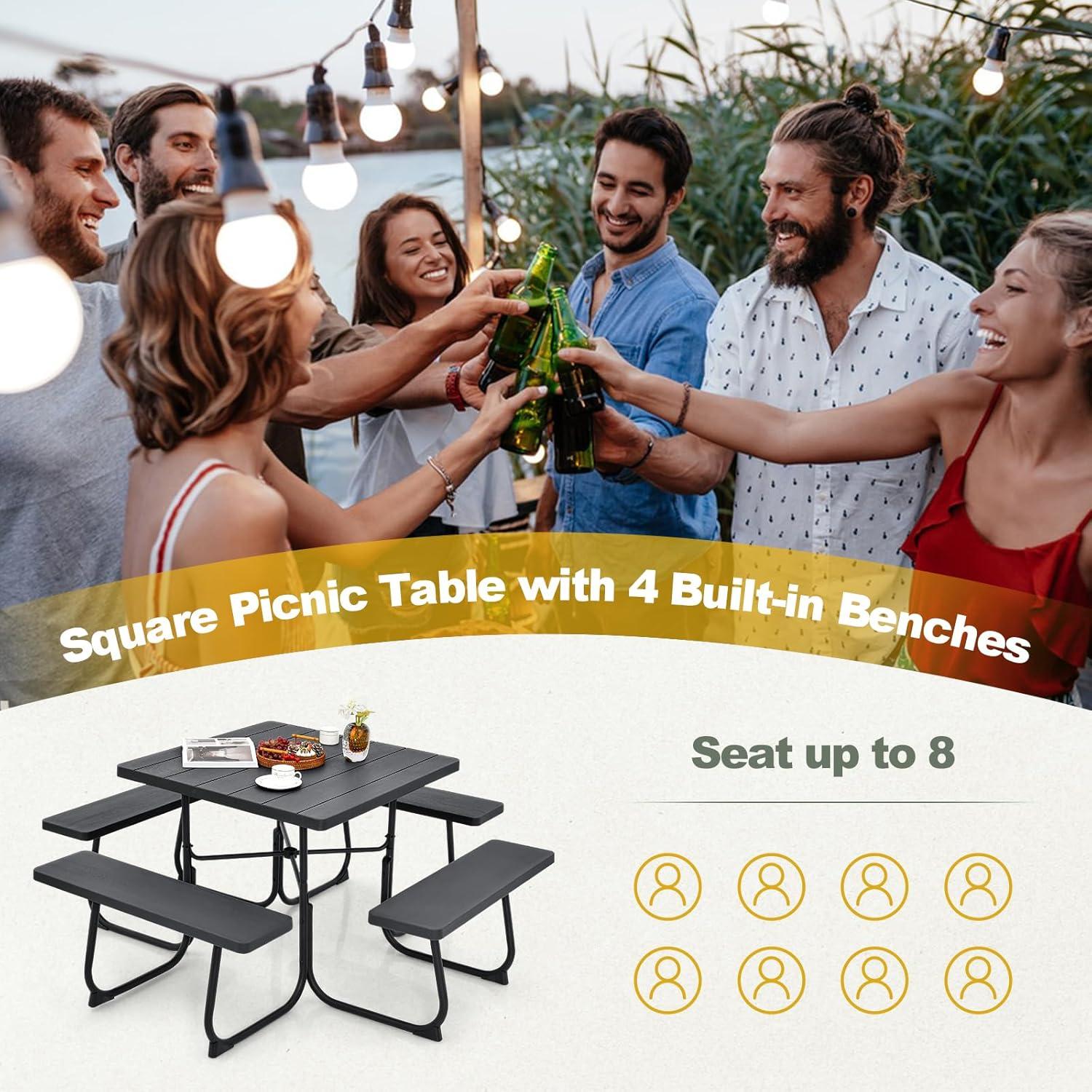 Costway Outdoor 8-person Square Picnic Table Bench Set with 4 Benches & Umbrella Hole Black