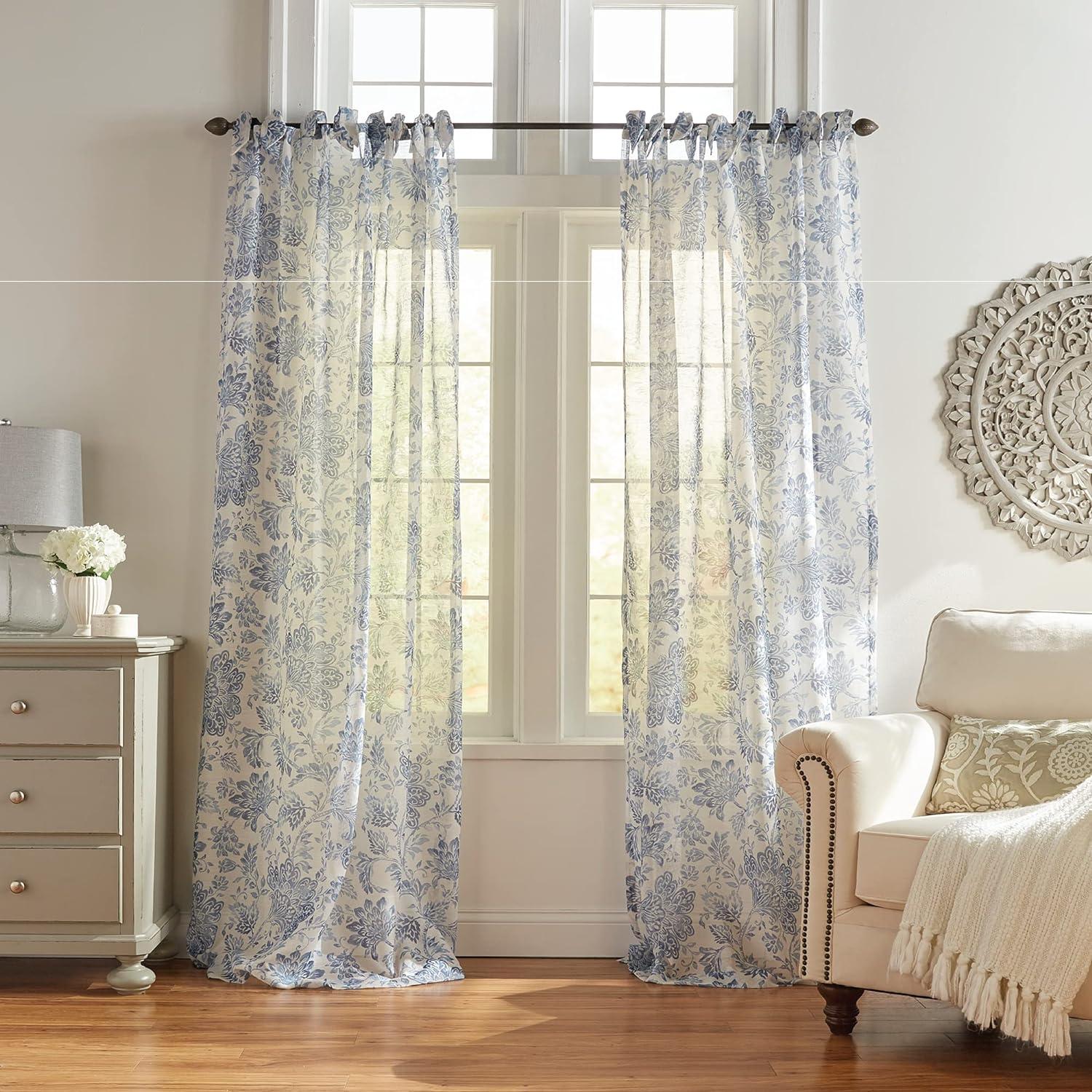 Westport Floral Tie-Top Cottagecore Sheer Single Window Curtain Panel - 52" x 84" - Indigo - Elrene Home Fashions