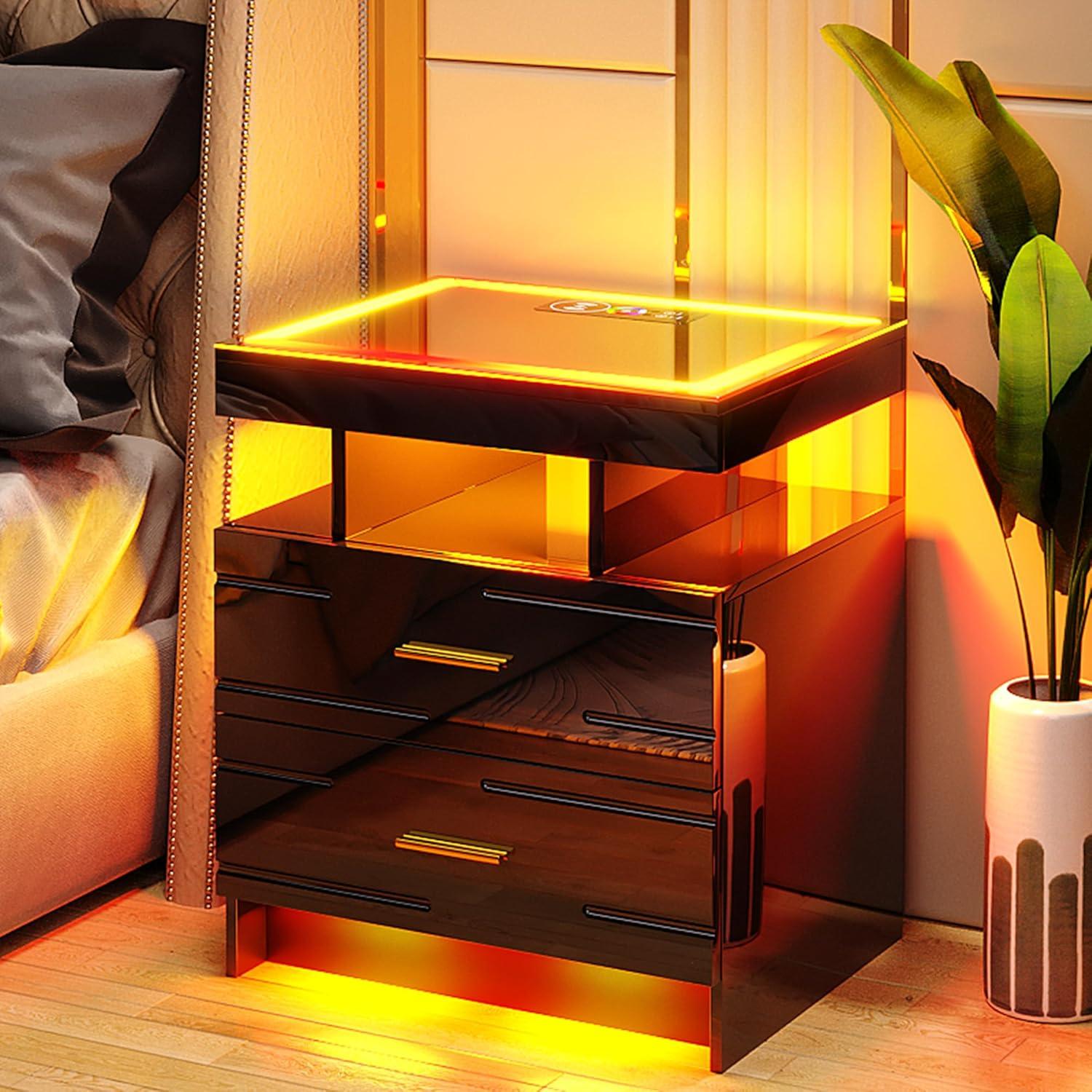 HNEBC Smart LED Nightstand with Wireless Charging & USB Ports, High Glossy Night Stand with 3 Drawers and 1 Pull-Out Tray, Modern Bedside Table with Human Sensor for Bedroom (White)