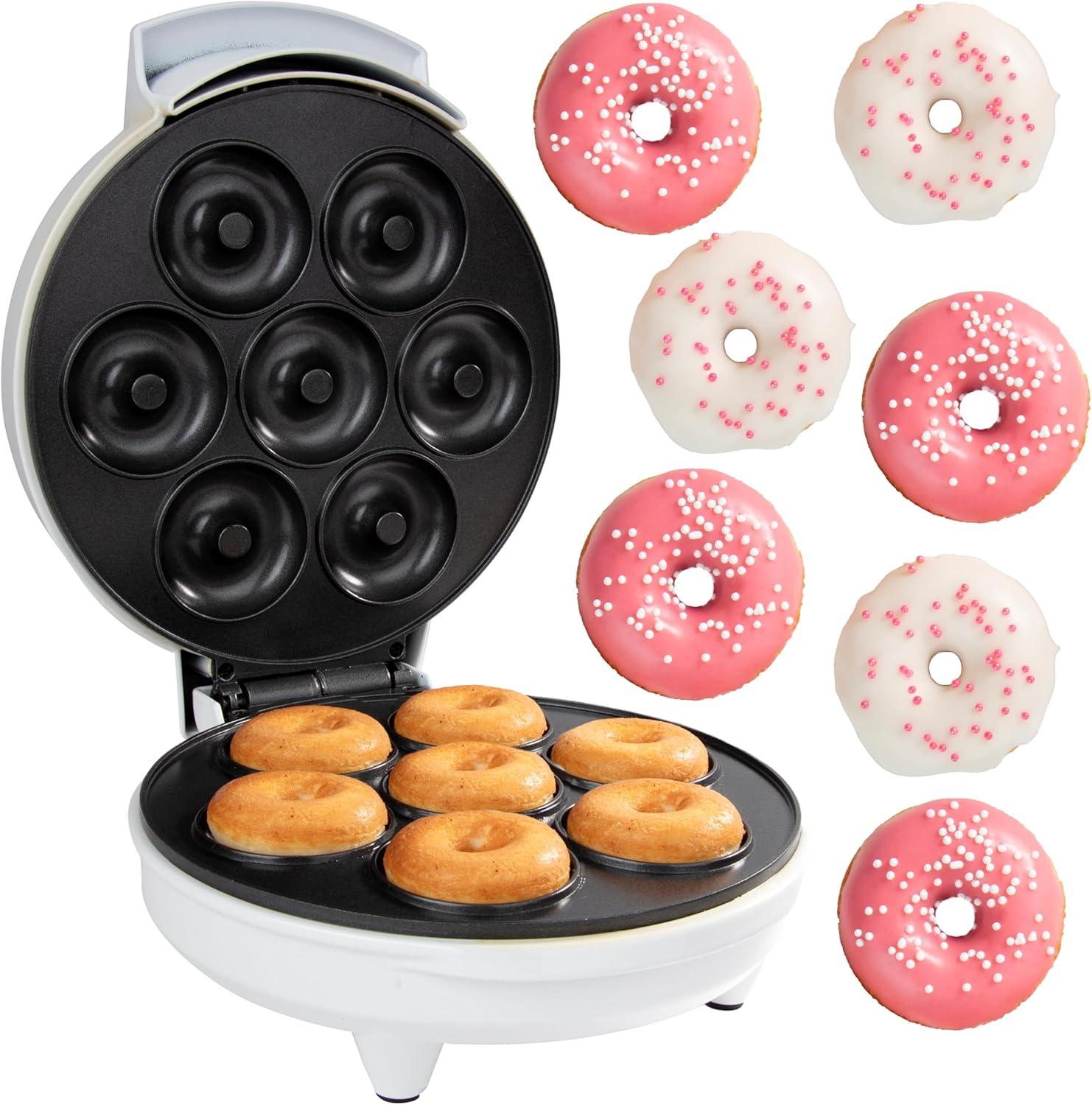 CucinaPro Mini Donut Maker- Electric Non-Stick Surface Makes 7 Small Doughnuts- Unique Baking Activity for Adults, Brunch or Dessert