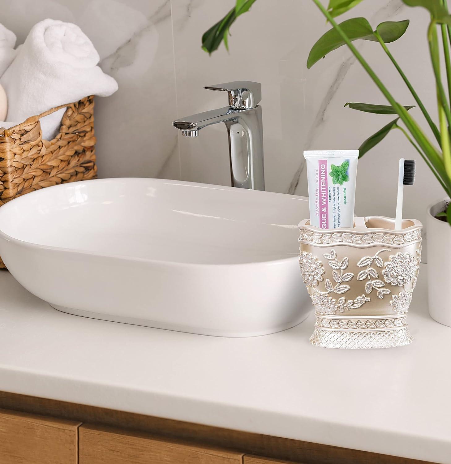 Zahari Home 4pc Rose Vine Bathroom Accessories Sets Lotion Pump, Tumbler, Tooth Brush Holder and Soap Dish Unique Design Beige Bathroom Set