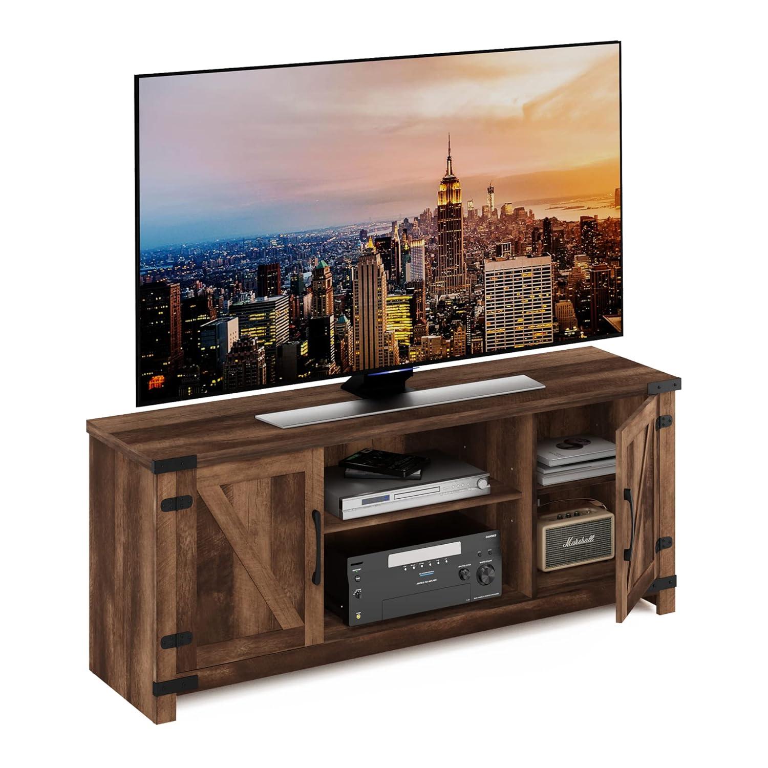 Furinno Jensen Farmhouse TV Cabinet with Barn Door for TV up to 70 Inch, Rustic Brown