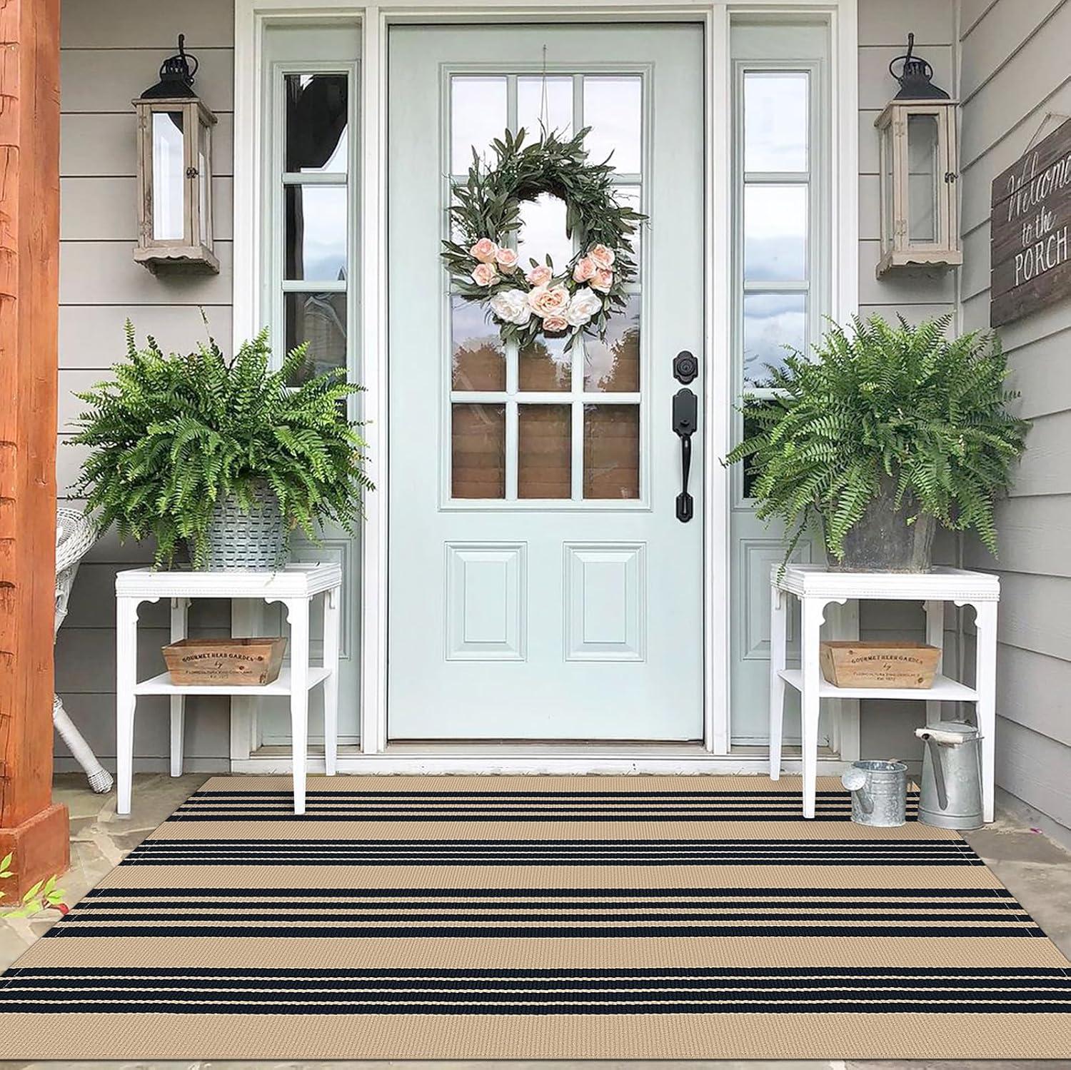 IOHOUZE Navy and White Striped Rug 2'x3' Front Door Rugs, Small Washable Area Rug for Front Porch, Spring Summer Doormats Outdoor Indoor, Cotton Rugs for Entryway Porch Entrance