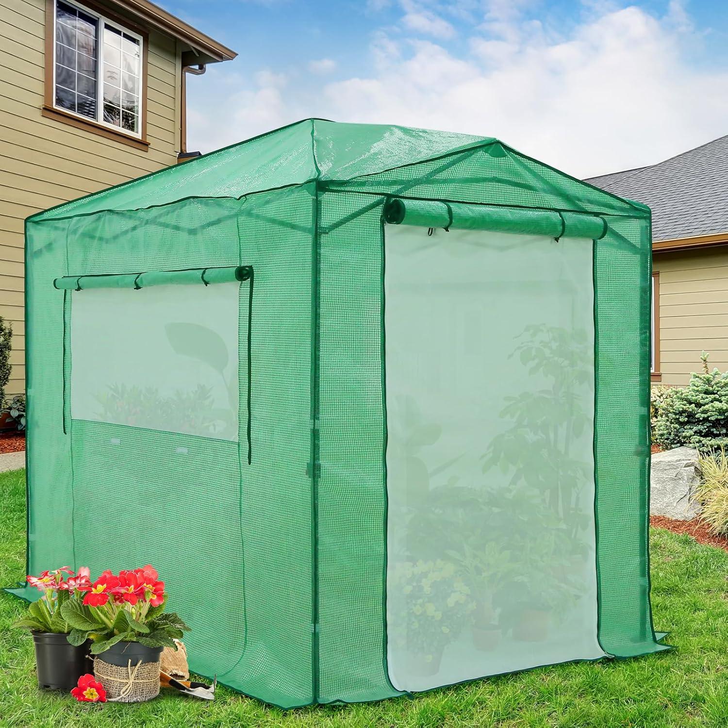 EAGLE PEAK 8x6 Portable Walk-in Greenhouse Instant Pop-up Indoor Outdoor Plant Gardening Green House Canopy with Dual Roll-up Zipper PE Door & Upgraded Screen Mesh Door, Green