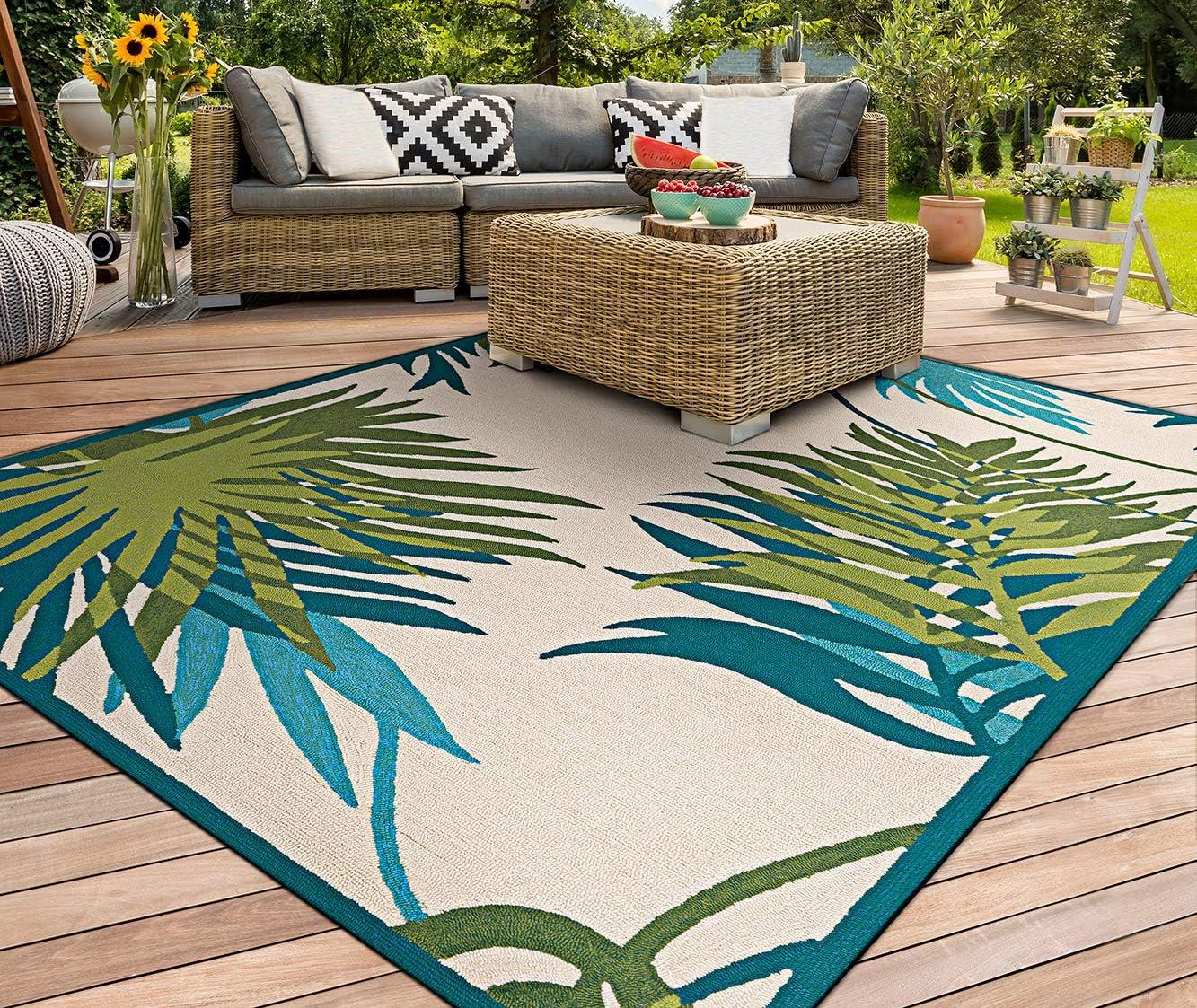 Couristan Covington Jungle Leaves Indoor/Outdoor Area Rug, 7'10" Round, Ivory-Forest Green