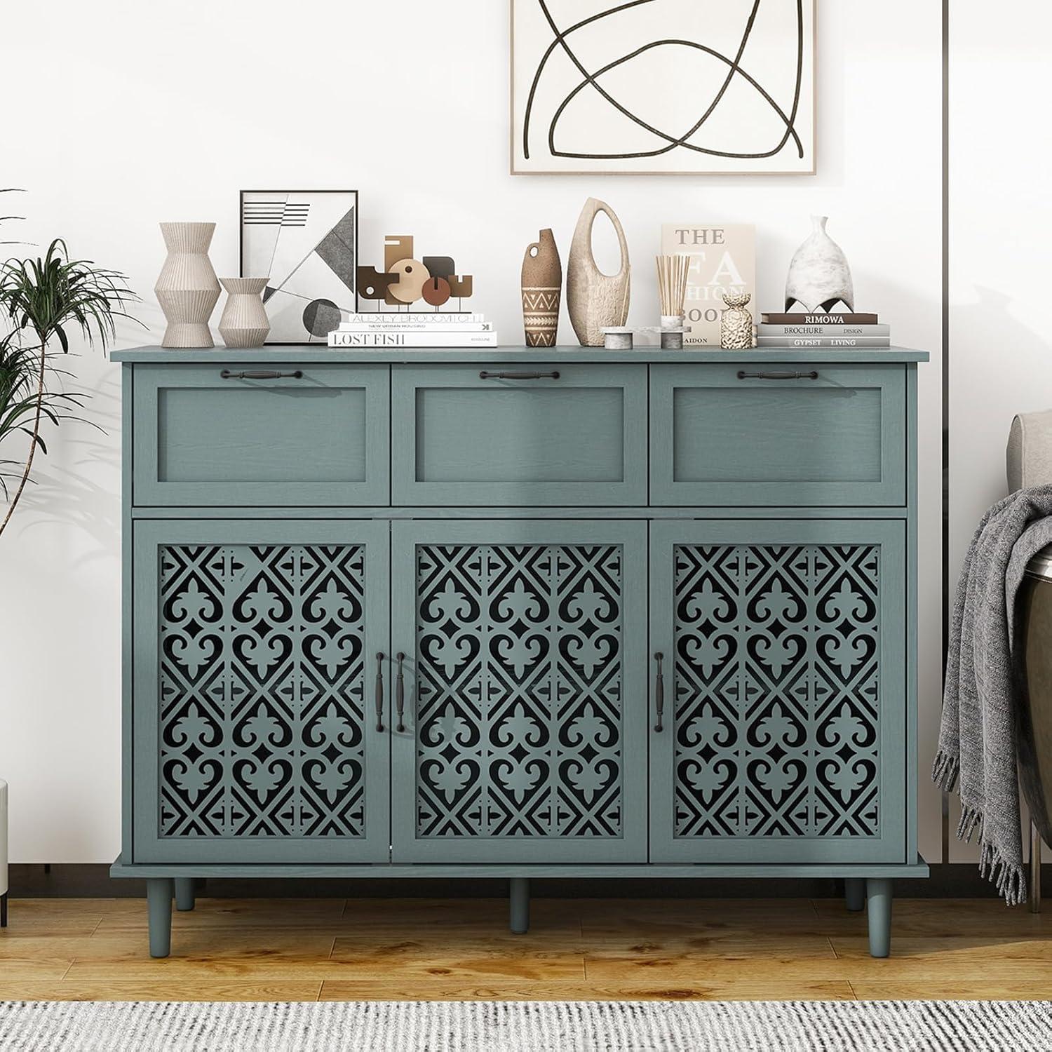 KINFFICT Sideboard Storage Cabinet with 3 Doors & 3 Drawers, Mid-Century 47"L Accent Cabinet for Living Room, Entryway, Bedroom, Dark Green