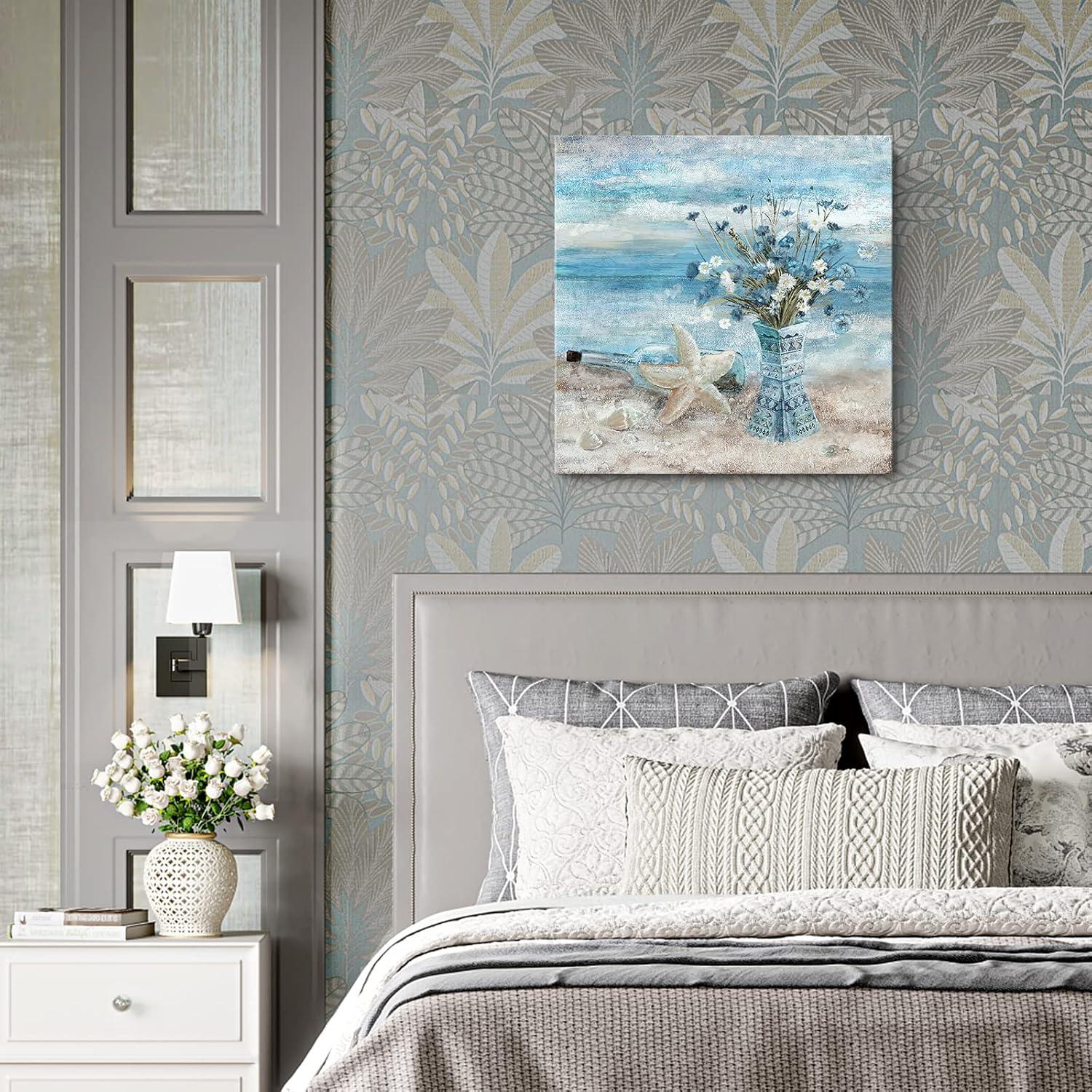 Beach Wall Art for Living Room Blue Ocean Theme Canvas Print Modern Abstract Coastal Picture Seascape Painting Daisy Flower in Indian Vase Framed Artwork for Seaside Bedroom Bathroom Office 24x24inch