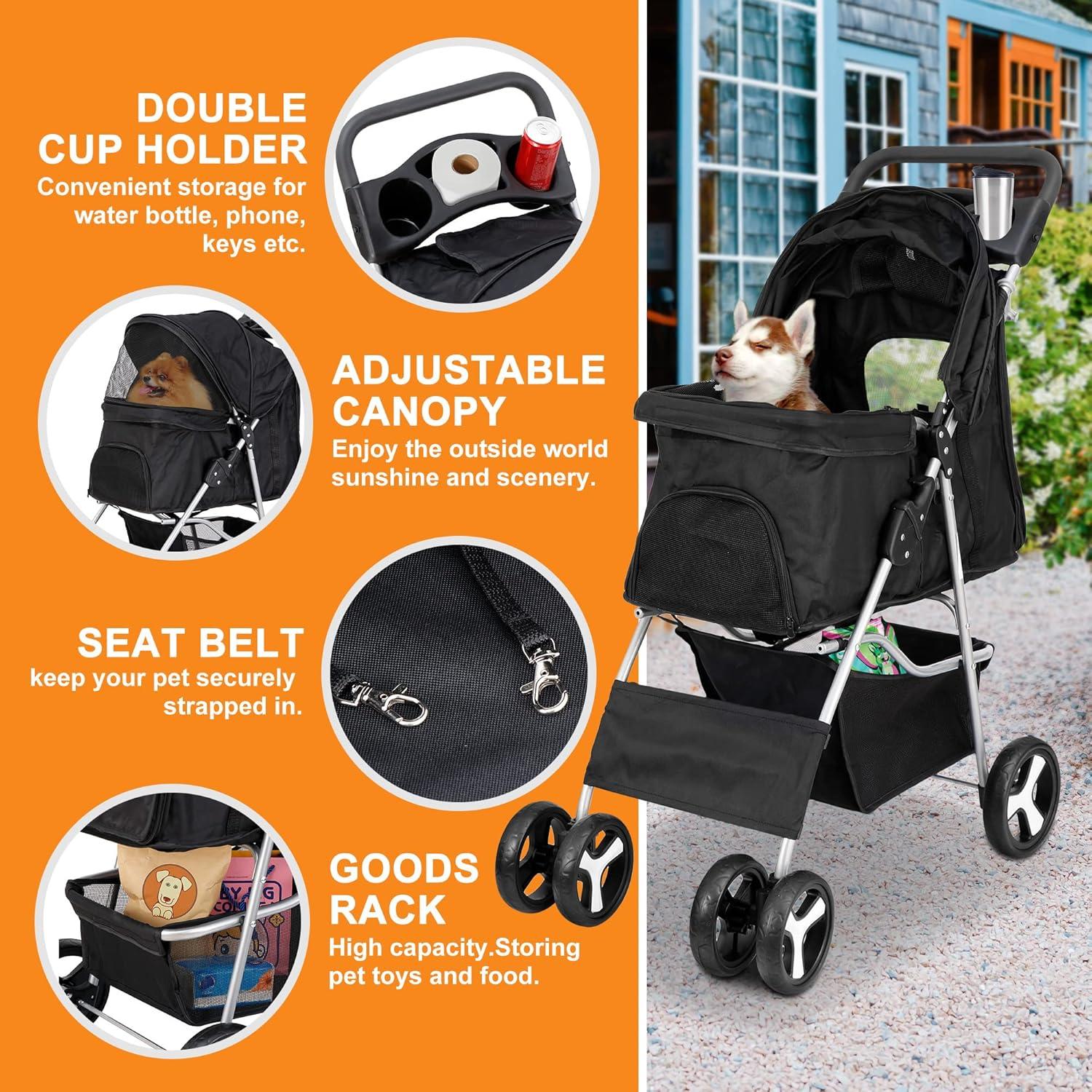 4 Wheels Pet Stroller Dog Cat Stroller for Small Medium Dog Cats Foldable Carrier Jogger Travel Puppy with Storage Basket and Cup Holder (Black)