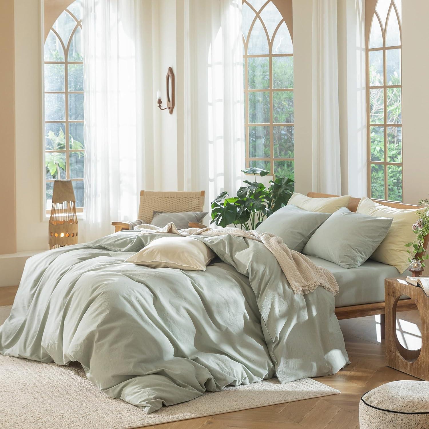 MOOMEE 100% Washed Cotton Linen Like Textured Duvet Cover Set
