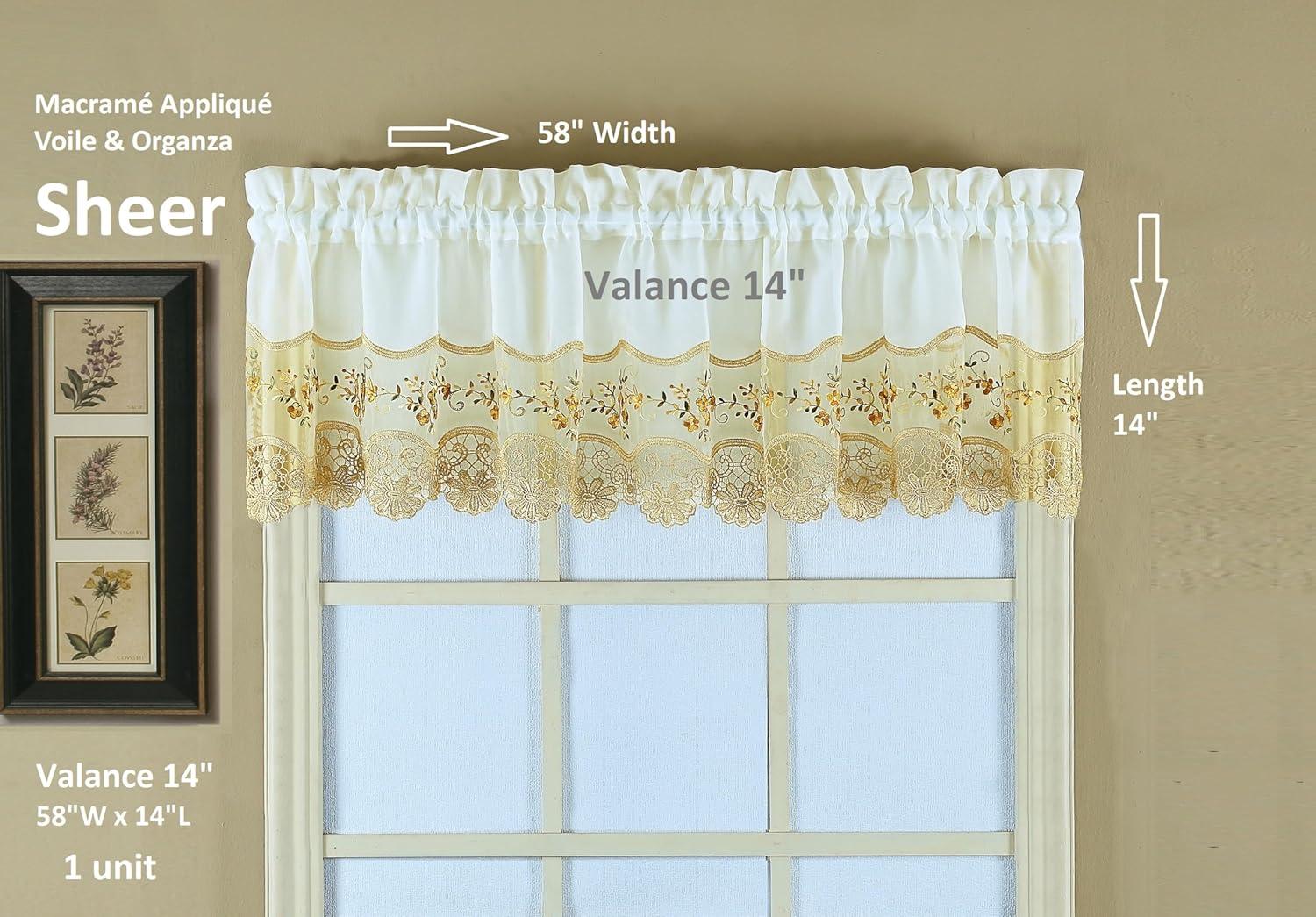 Ecru and Gold Floral Embroidered Sheer Valance 14" x 58"