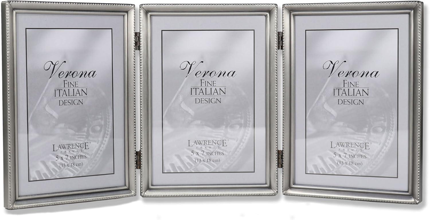 Classic Antique Pewter 5x7 Hinged Triple Photo Frame with Bead Border