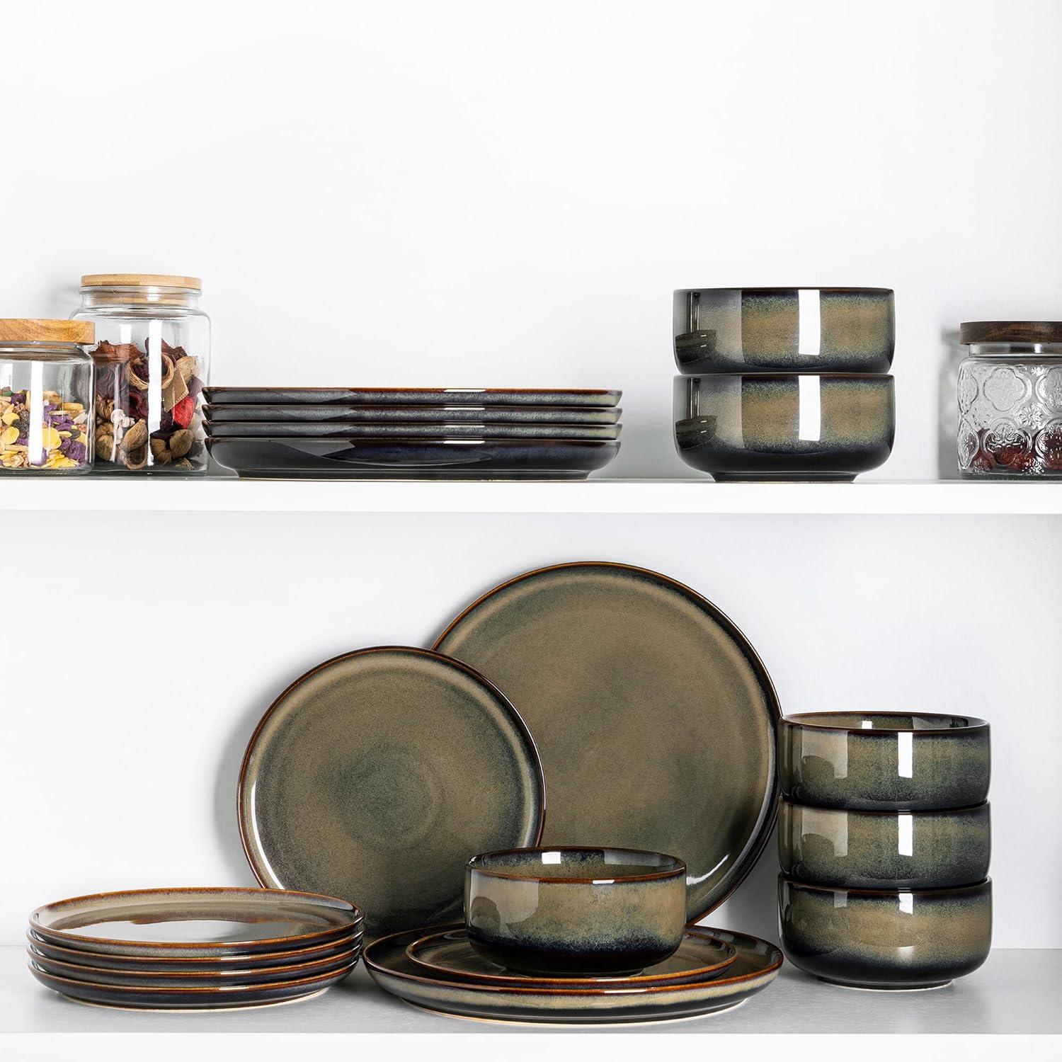 One Allium Way® 12-Piece Reactive Glaze Plate and Bowl Set, 4-Person Dinnerware Set, Scratch Resistant Dinnerware Set