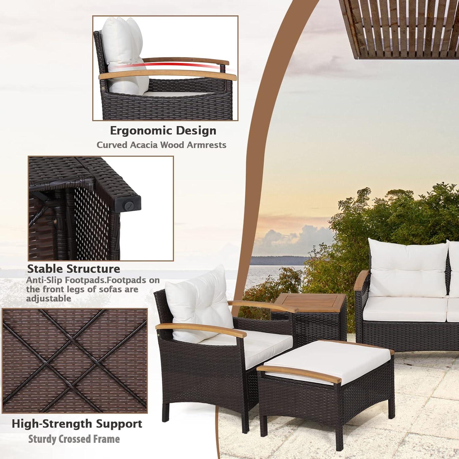 7-Piece Mix Brown Rattan Patio Sofa Set with Off-White Cushions and Acacia Wood