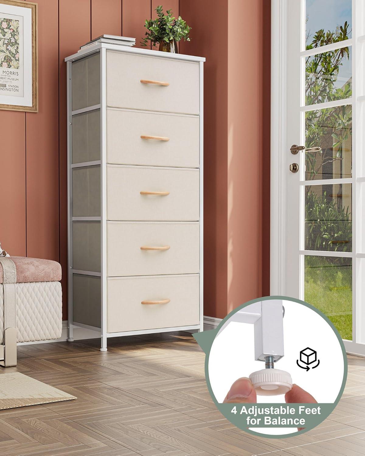 Beige Vertical 5-Drawer Fabric Dresser with Wood Handles