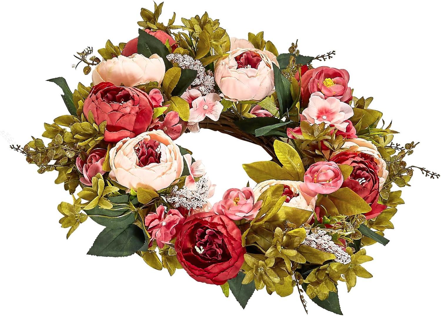 VEVOR Spring Wreath for Front Door 19 Inch - Artificial Peony Floral Wreath with Greenery, Year-Round All Season Outdoor Indoor Decor