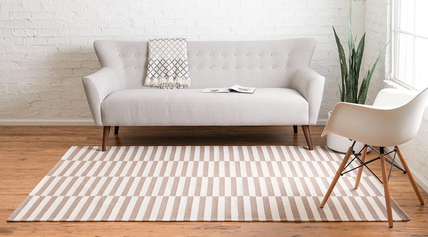 Taupe and Ivory Striped Flatweave Cotton Area Rug