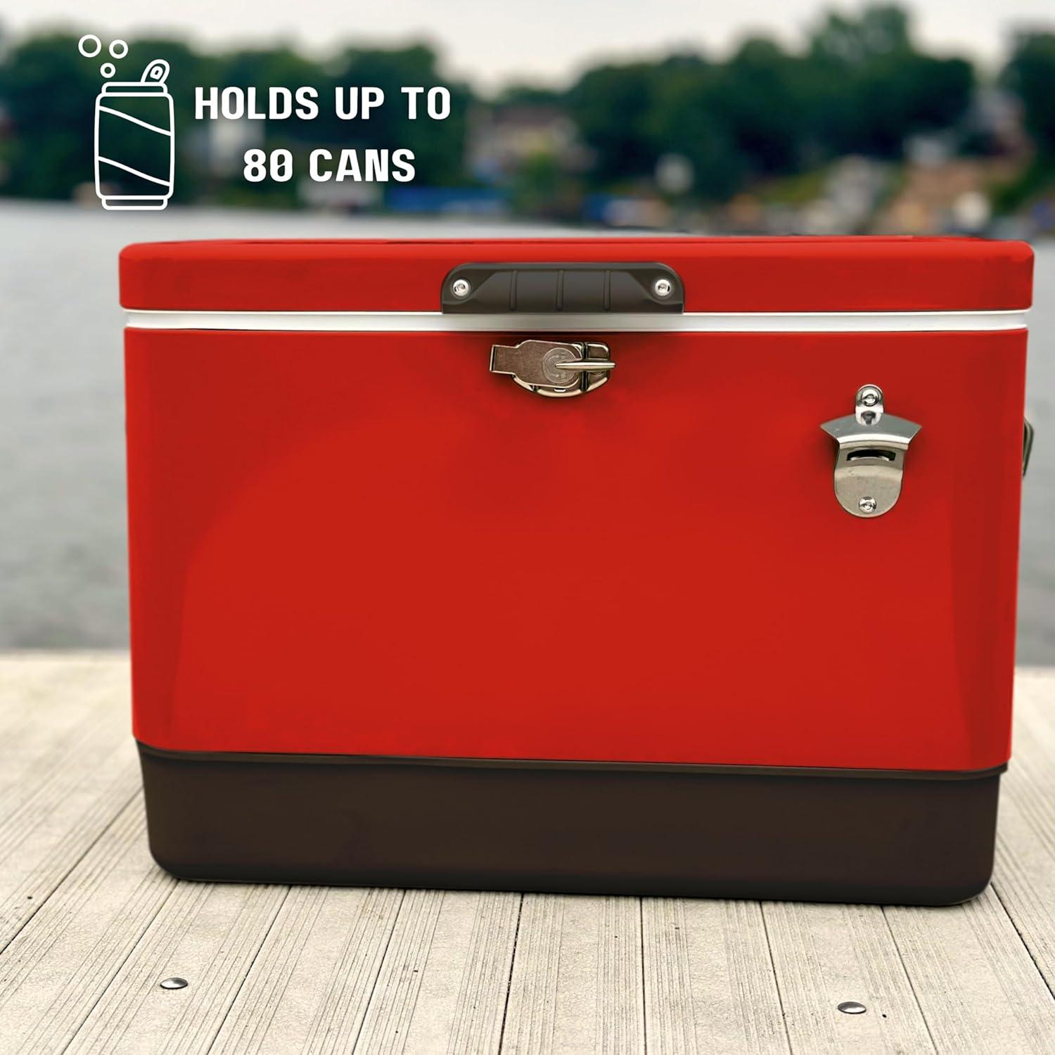 FSE Retro Metal Cooler, 80 Can/54 Qt. Capacity, Hard-Sided, Two Tone, Holds Up to 80 Beverage Cans, Metal Construction with Plastic Lining