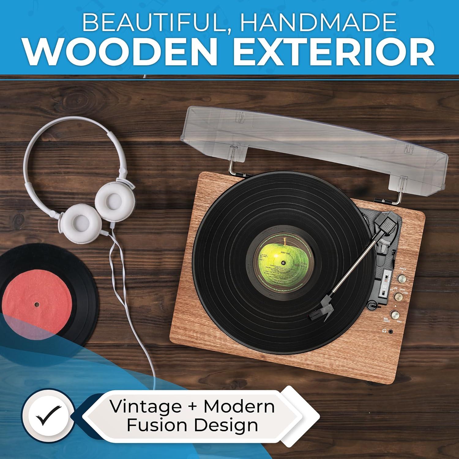 SoundBeast Retro Wooden Turntable with 3-Speed Vinyl Record Player, Built-In Stereo Speakers, Bluetooth, 3.5mm Aux In, USB Playback, & USB Recording to MP3