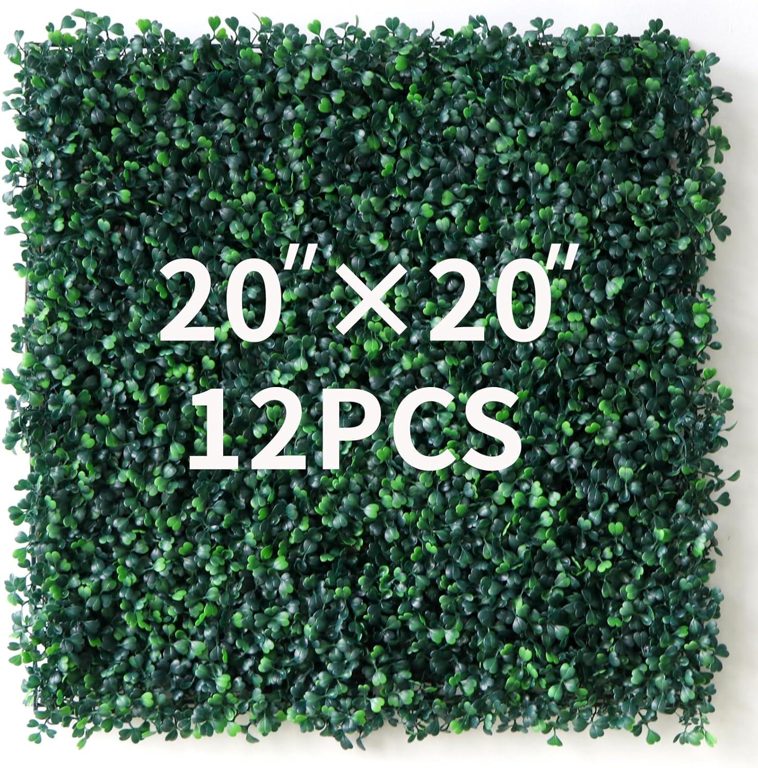 Grass Wall Panel 20'x20', 12Packs Artificial Greenery Wall Backdrop Faux Fence Privacy Screen Fake Hedge Topiary Boxwood Décor for Indoor Outdoor, Dark Green