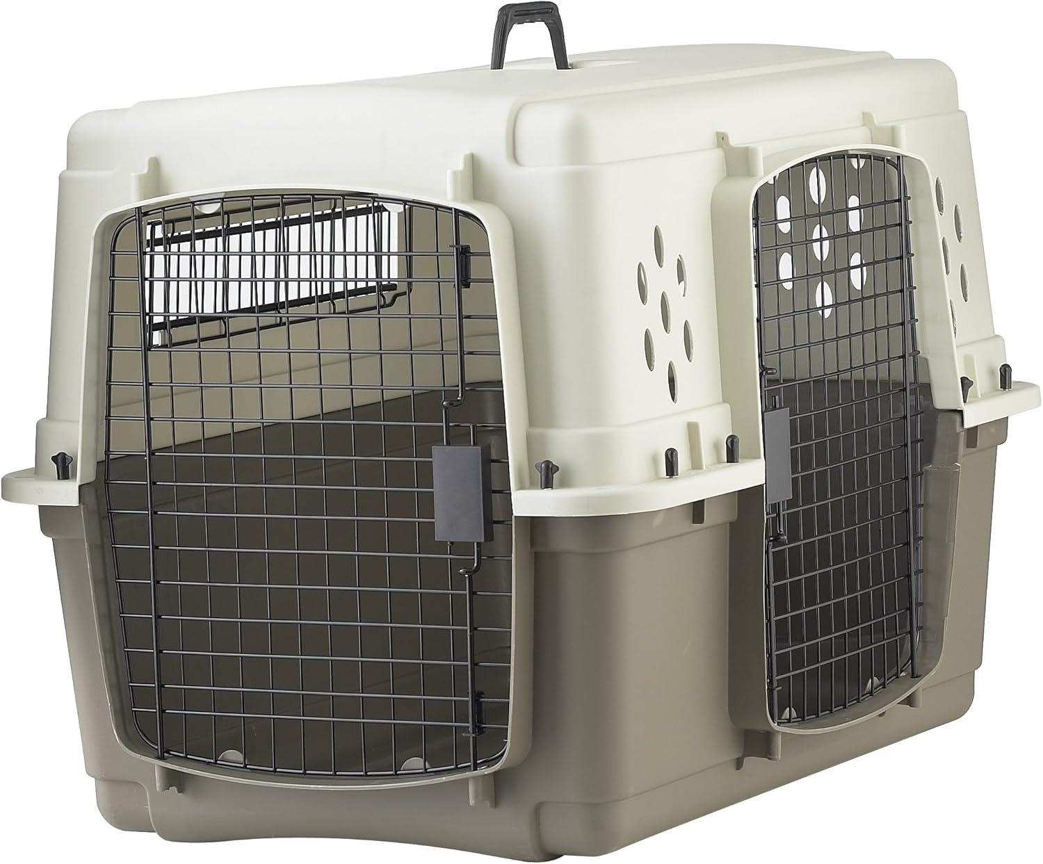 Miller Manufacturing Company Portable Plastic Hard Sided Pet Travel Crate Carrier Kennel w/ Double Doors For Dogs, Rabbits, & Animals, Beige & Taupe