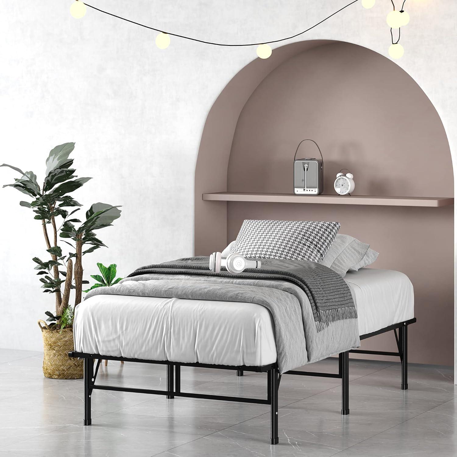 Narrow Twin Black Metal Frame with Slats and Headboard