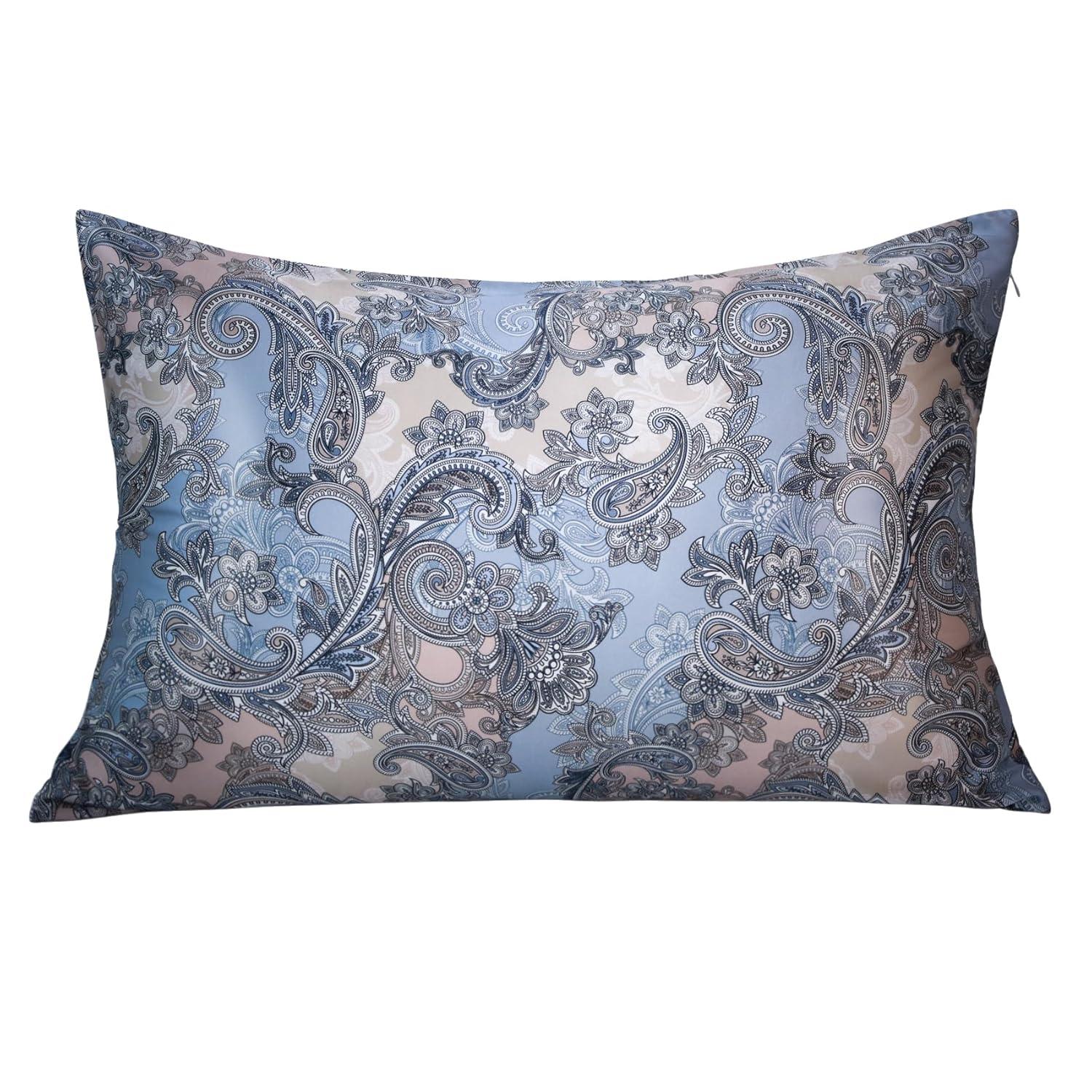 MANSPHIL 22 Momme Silk Paisley Pillowcase, Blue Gray Floral Print, 100% Mulberry Silk Pillow Cases Cover Zipper Closure, Hypoallergenic Beauty Care- Standard Size, 20" x 26"