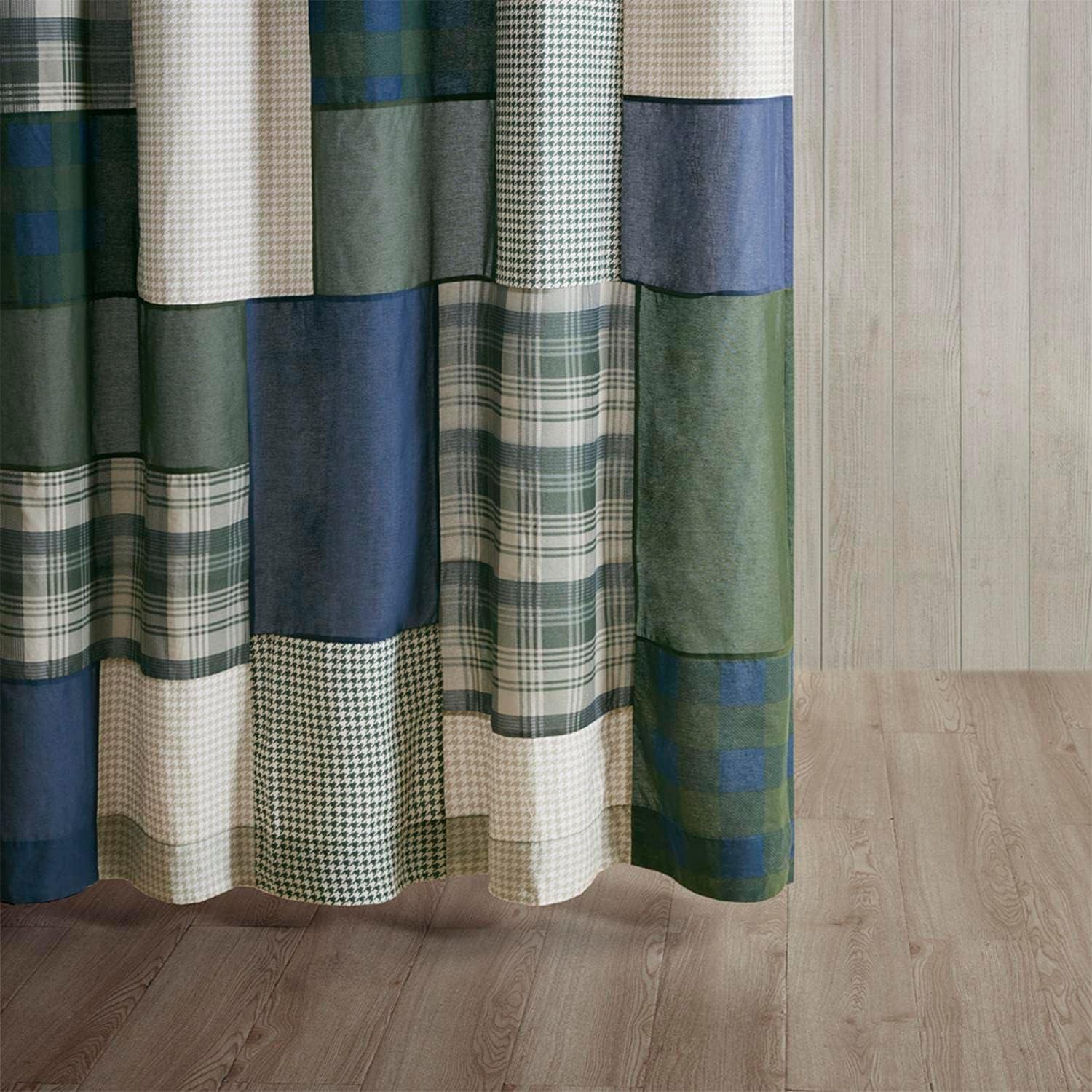 72"x72" Mill Creek Pieced Cotton Shower Curtain Green - Woolrich: Percale Fabric, Buttonhole Top, Easy Care