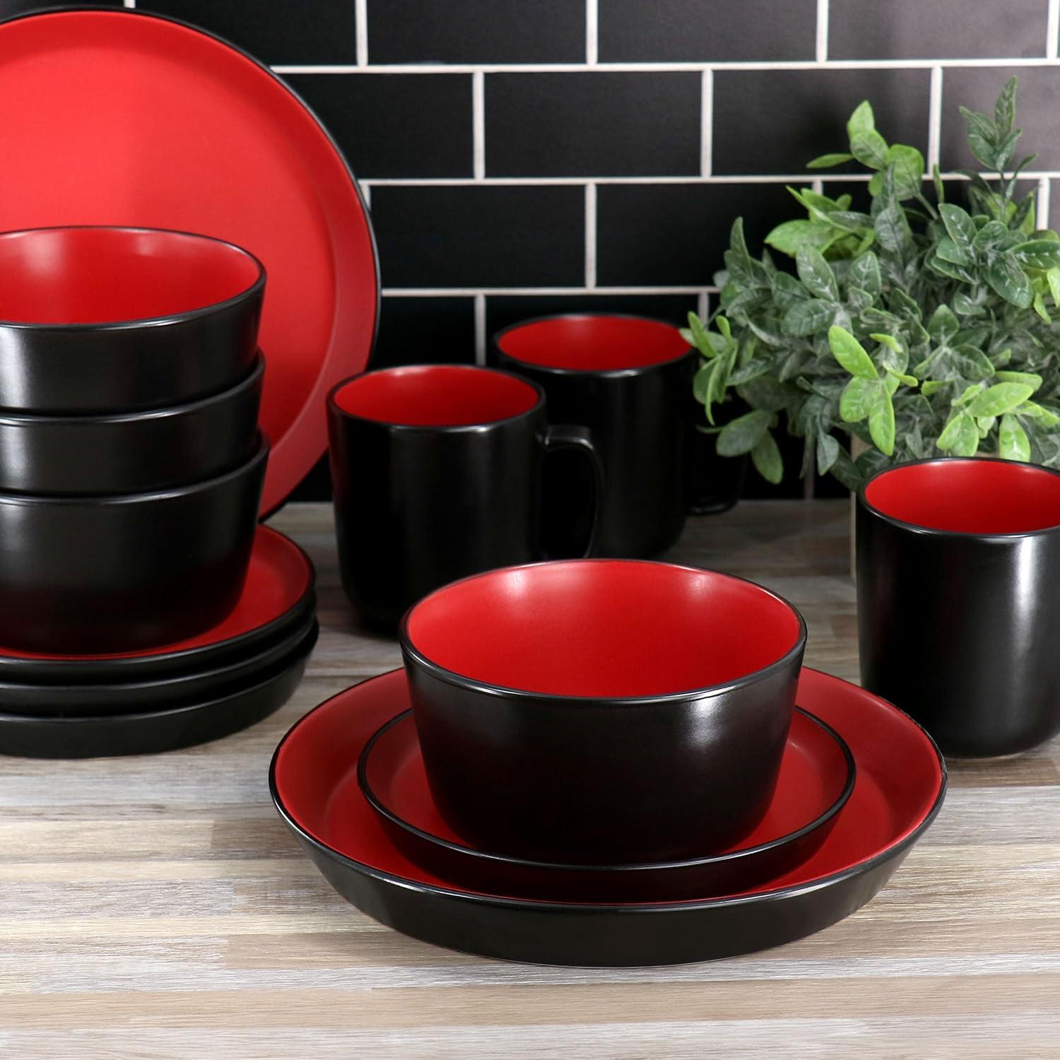 Elama Bacarra 16 Piece Stoneware Dinnerware Set in Two Tone Black and Red