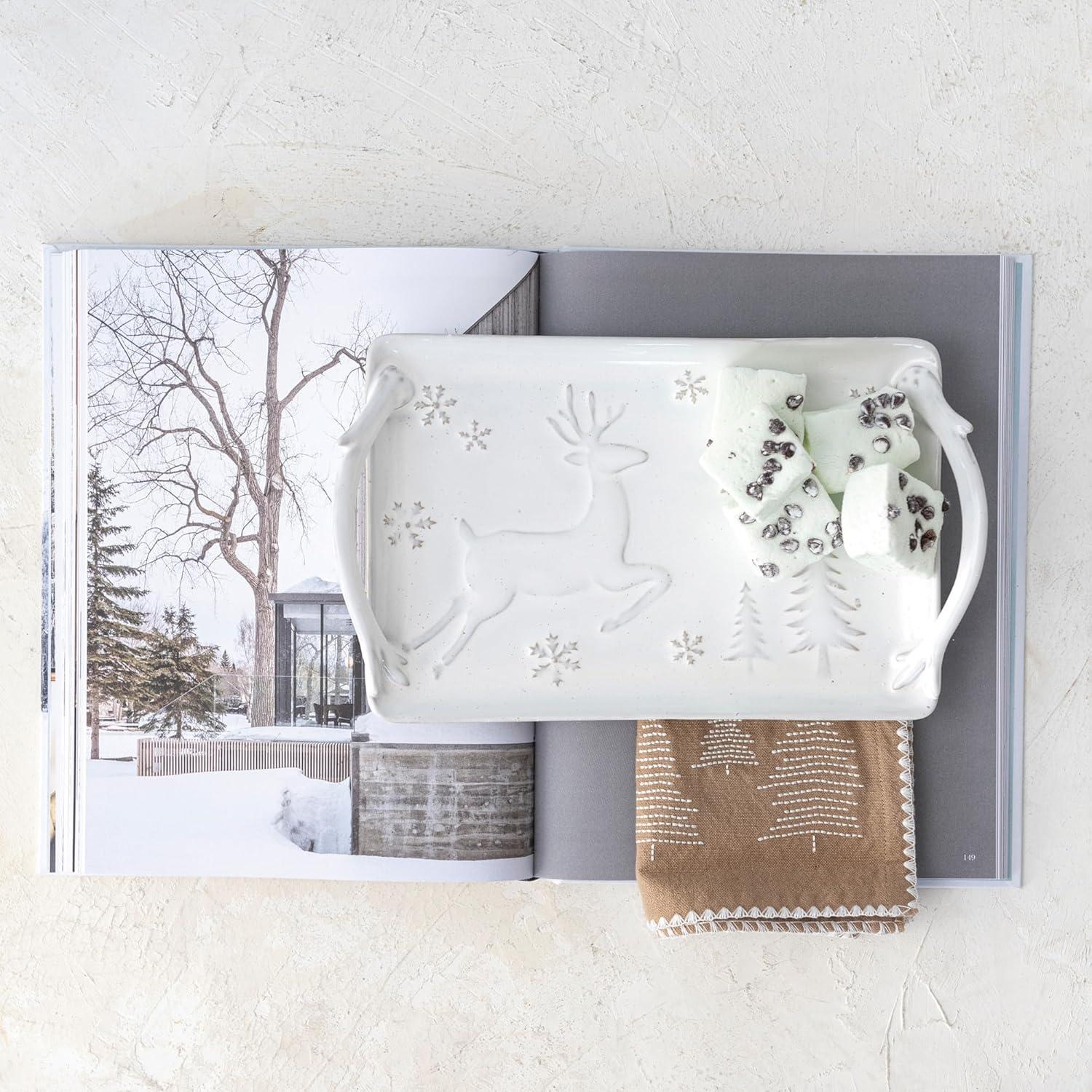 White Stoneware Winter Deer and Snowflakes Tray