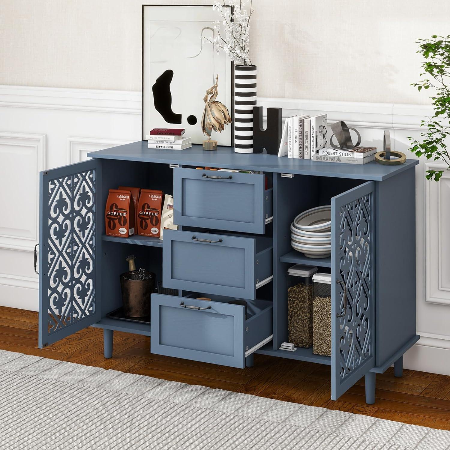 Blue Freestanding Wood Cabinet with Adjustable Shelving and Lockable Doors