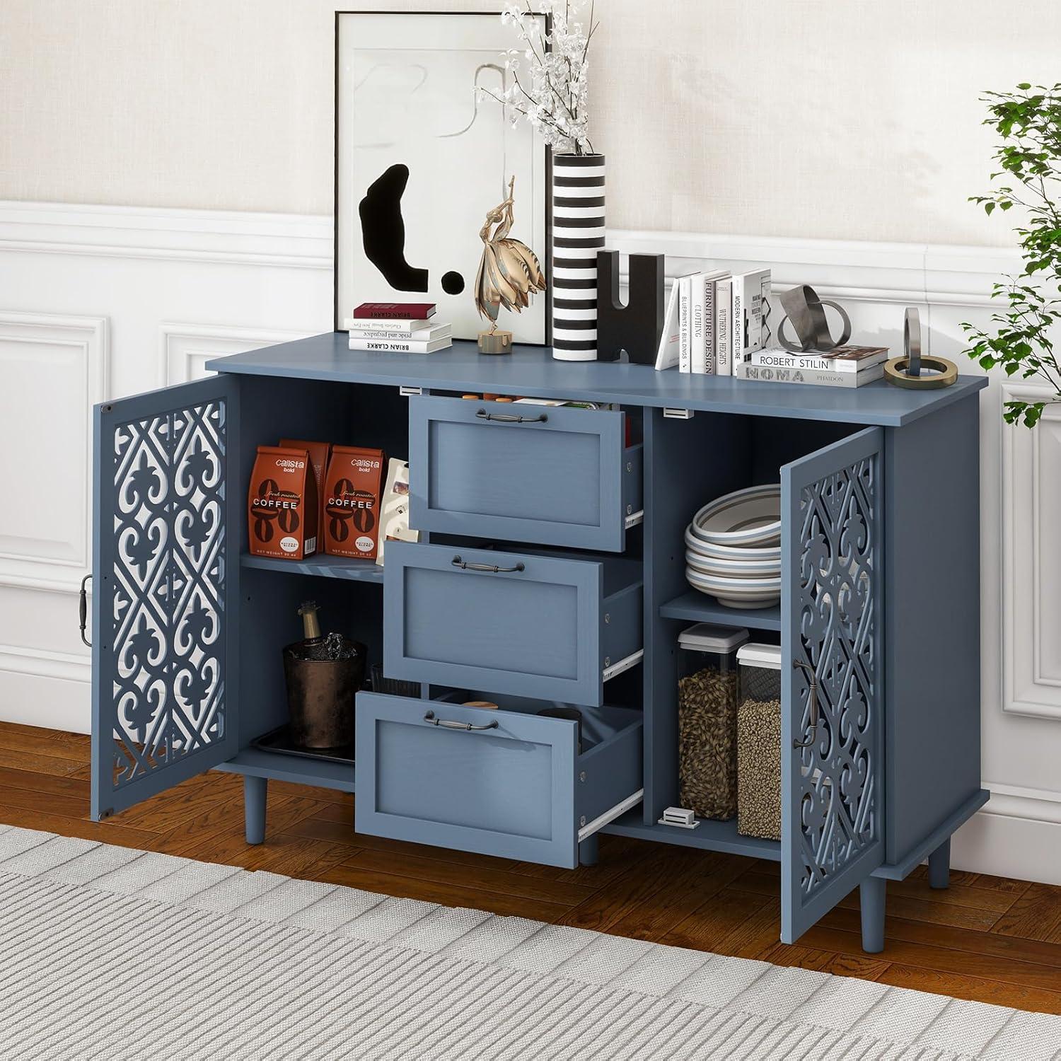 Sideboard Buffet Cabinet with Storage - Accent Storage Cabinet with Hollow Carved Pattern, Modern 2 Door 3 Drawer Cabinet, Farmhouse Wood Credenza for Living Room, Dining Room (Blue)